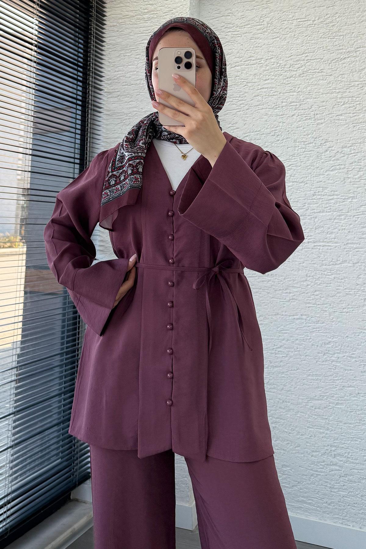 Emma Tensel Düğmeli Pantolon Takım – Mürdüm