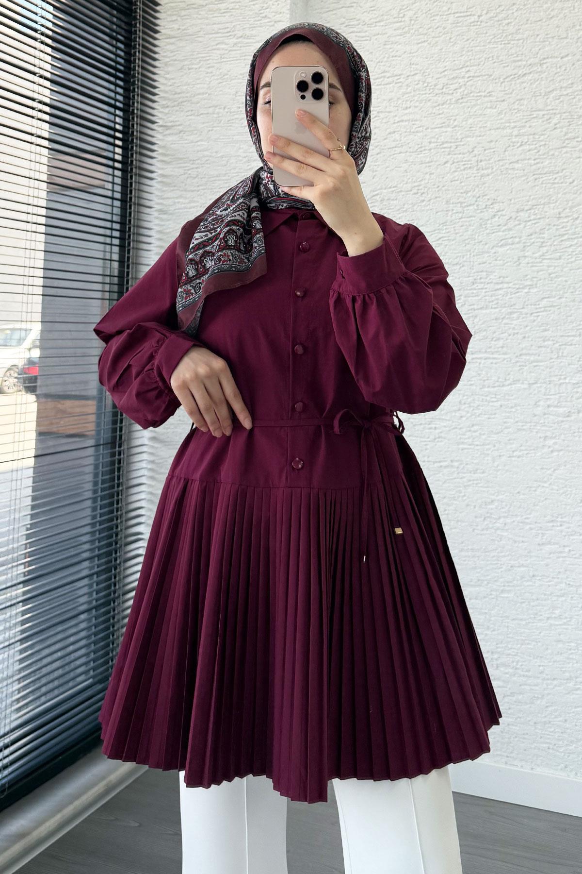 Etek Pileli Poplin Tunik - Bordo