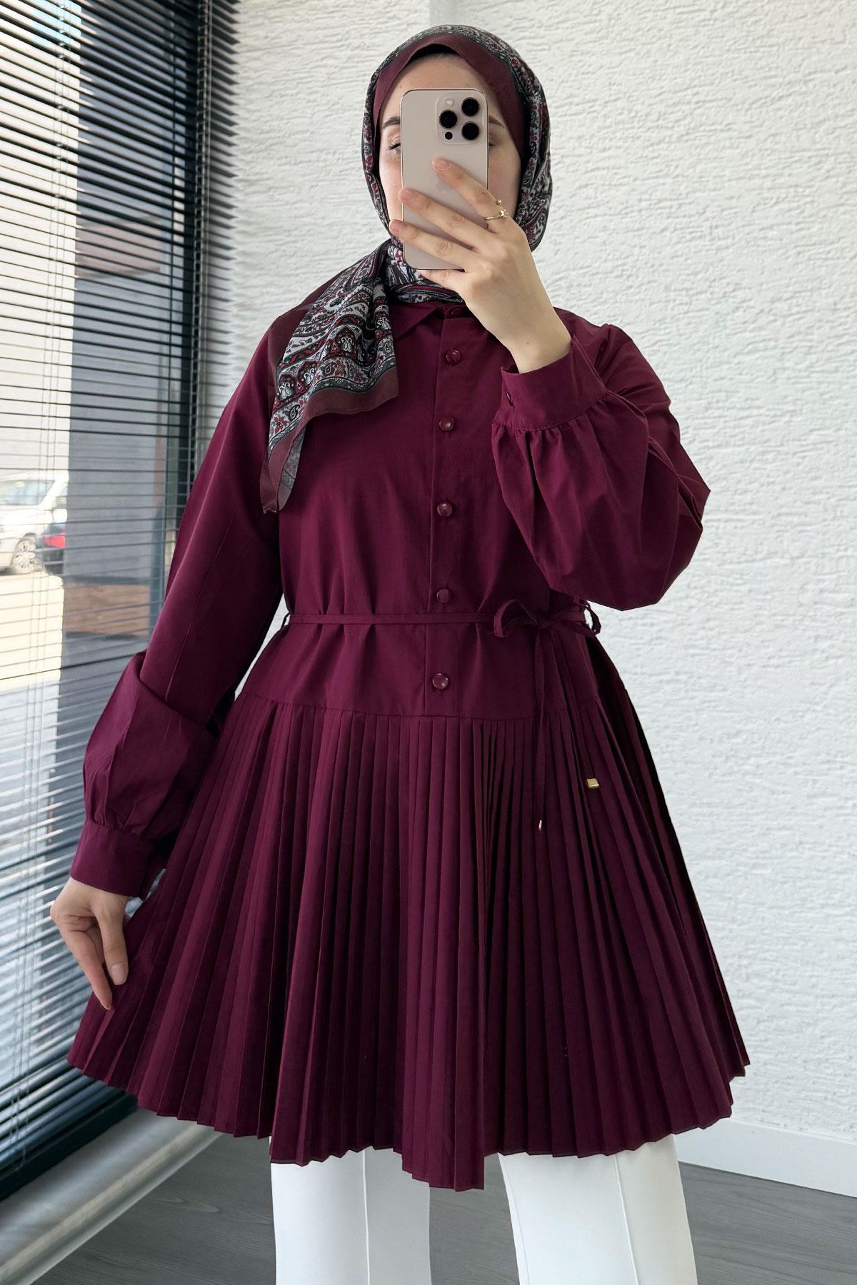 Etek Pileli Poplin Tunik - Bordo