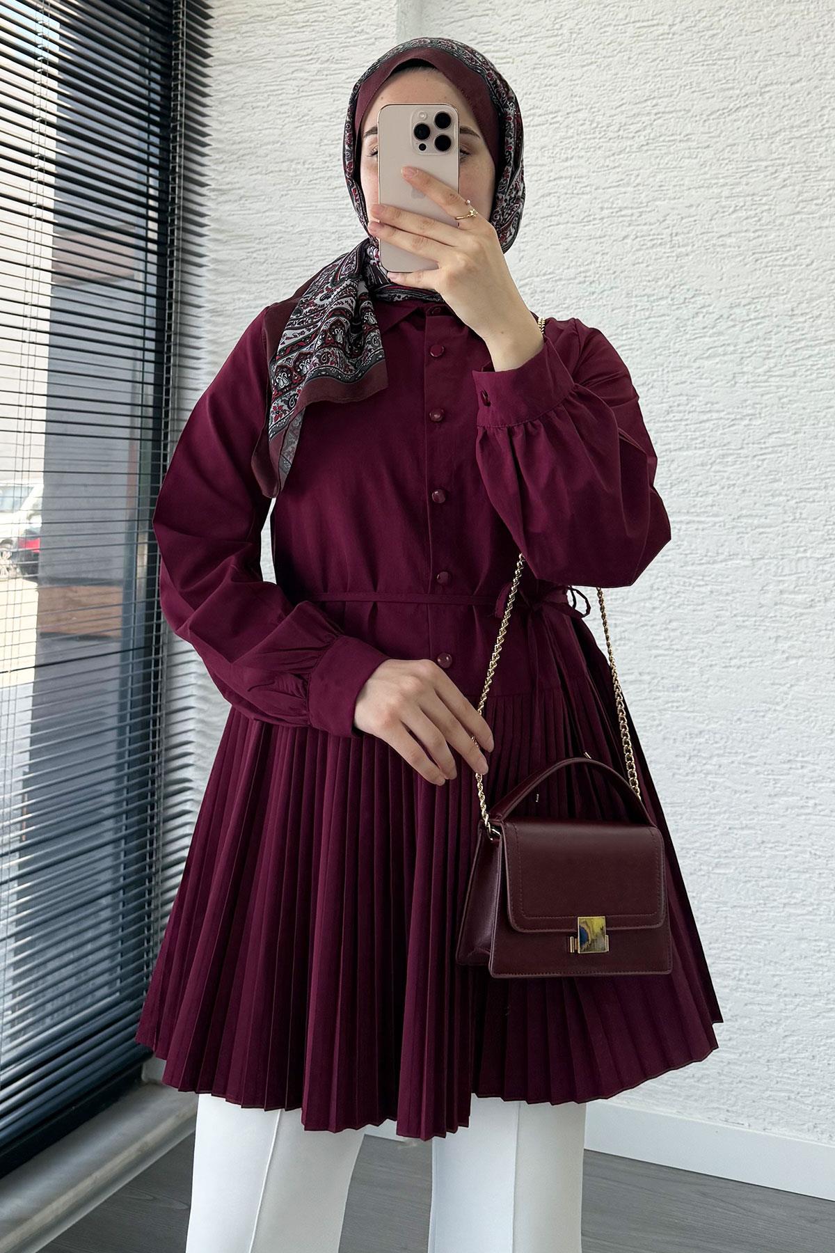 Etek Pileli Poplin Tunik - Bordo