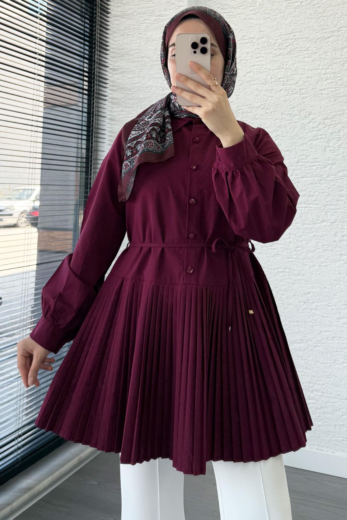 Etek Pileli Poplin Tunik - Bordo