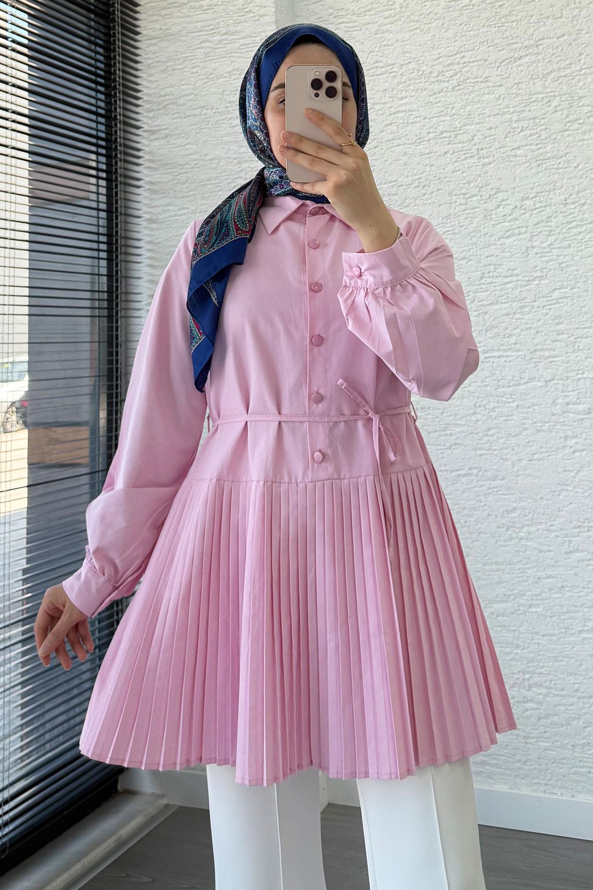 Etek Pileli Poplin Tunik - Pembe