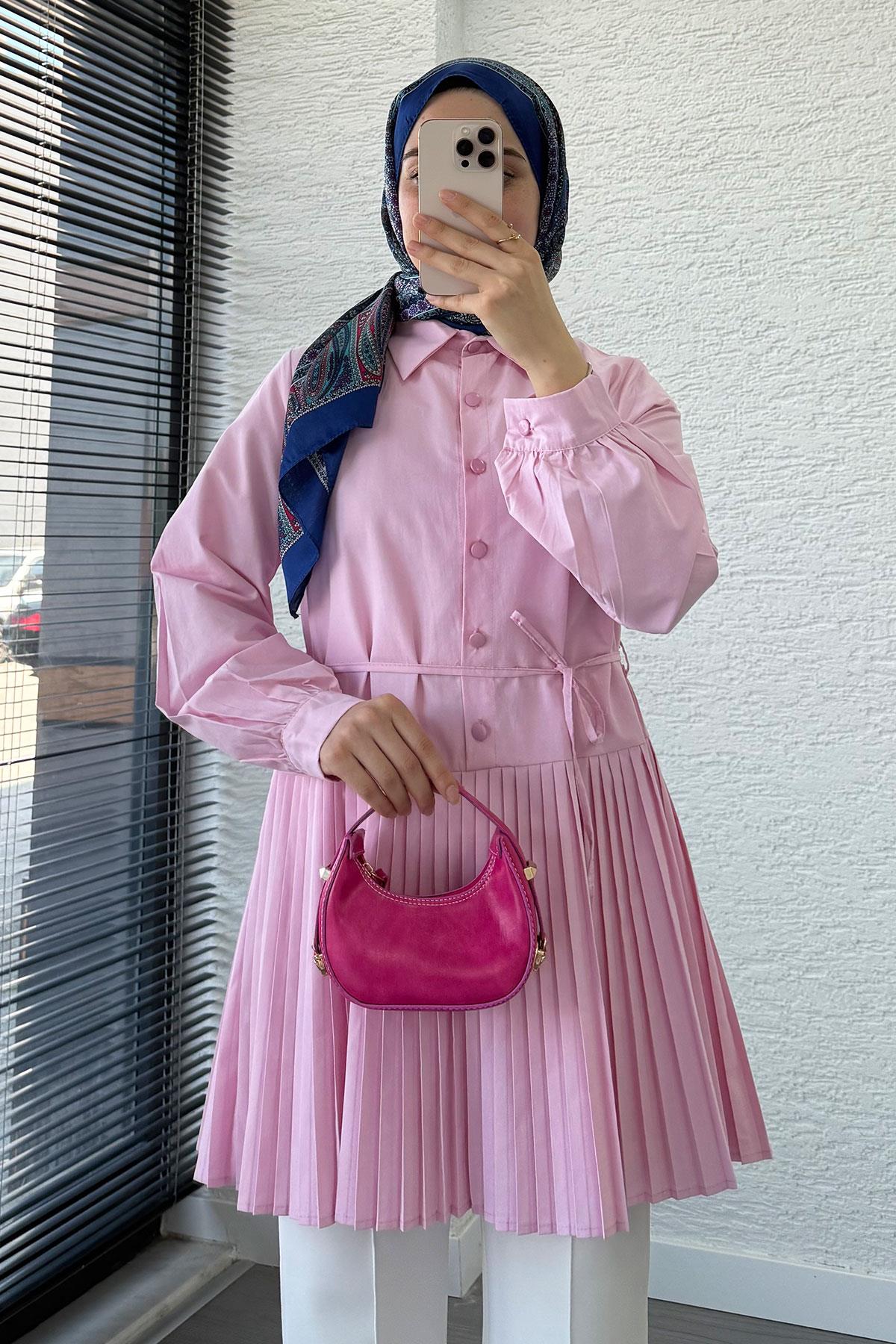 Etek Pileli Poplin Tunik - Pembe