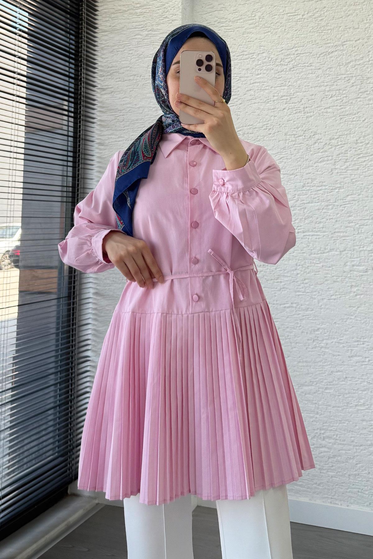 Etek Pileli Poplin Tunik - Pembe