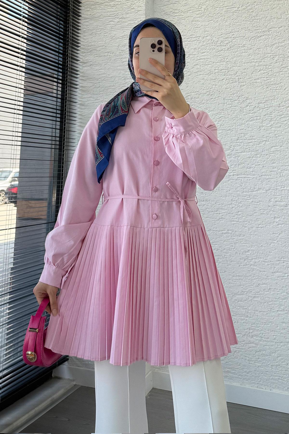 Etek Pileli Poplin Tunik - Pembe