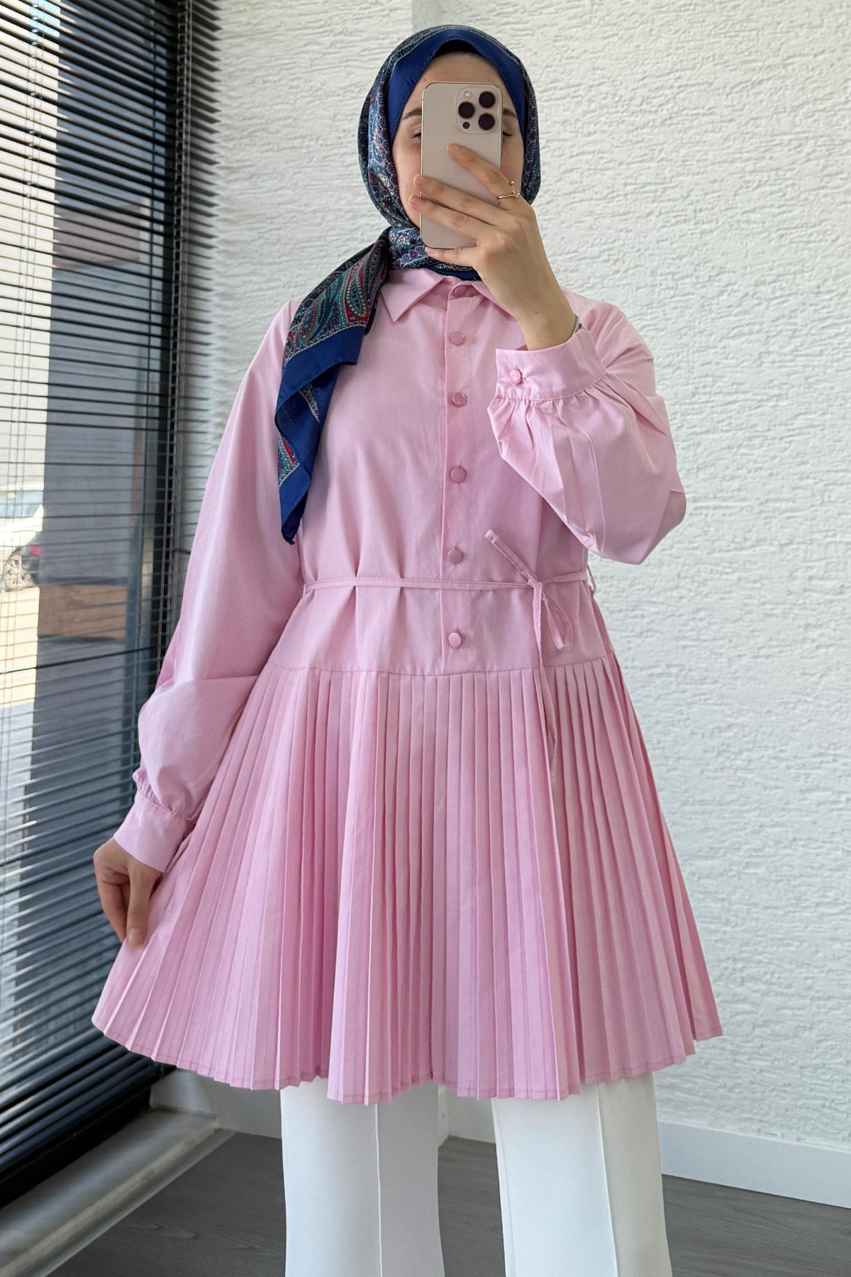 Etek Pileli Poplin Tunik - Pembe