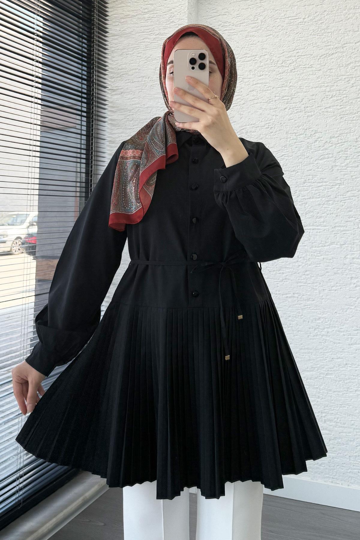Etek Pileli Poplin Tunik - Siyah