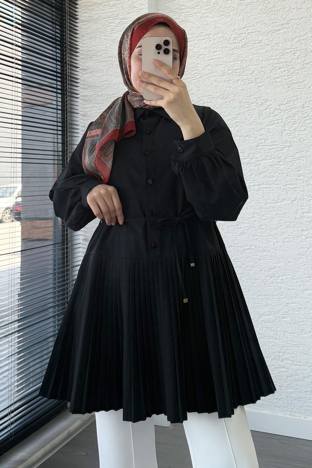 Etek Pileli Poplin Tunik - Siyah