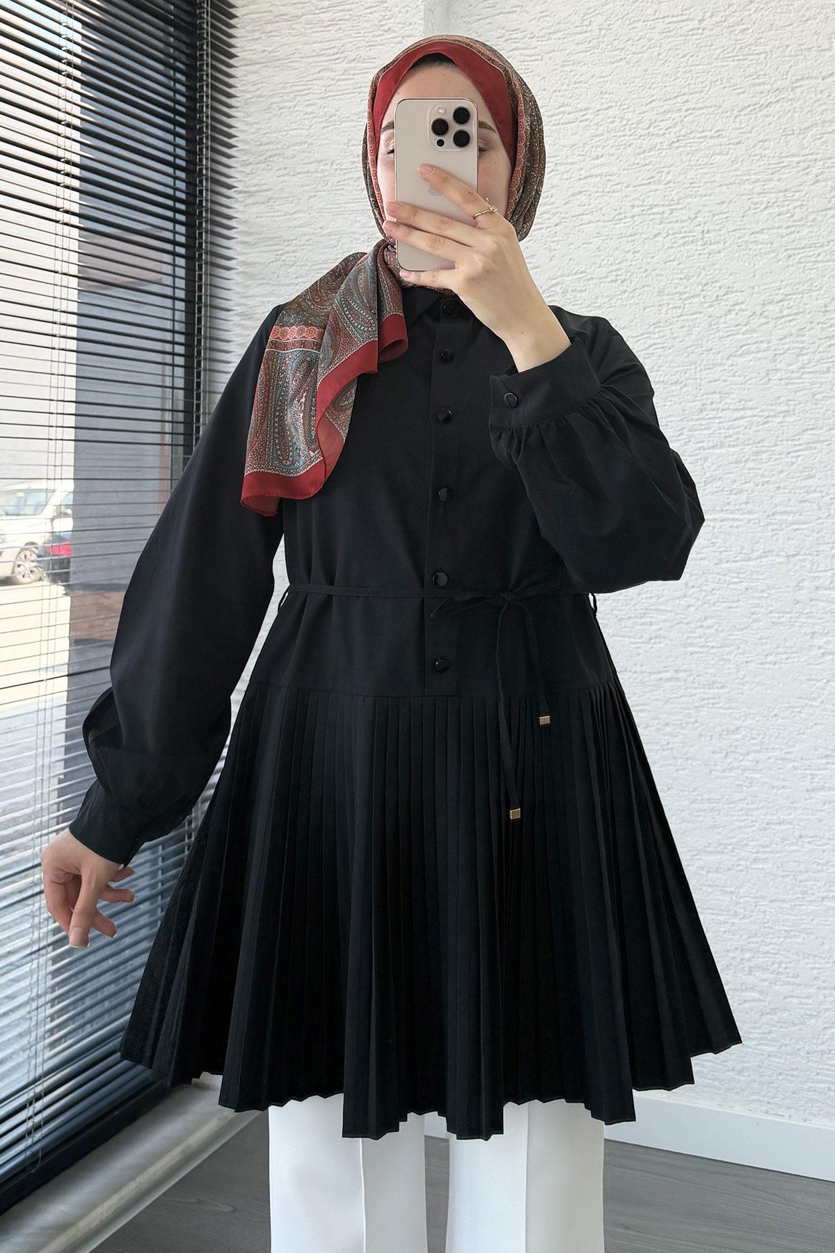Etek Pileli Poplin Tunik - Siyah