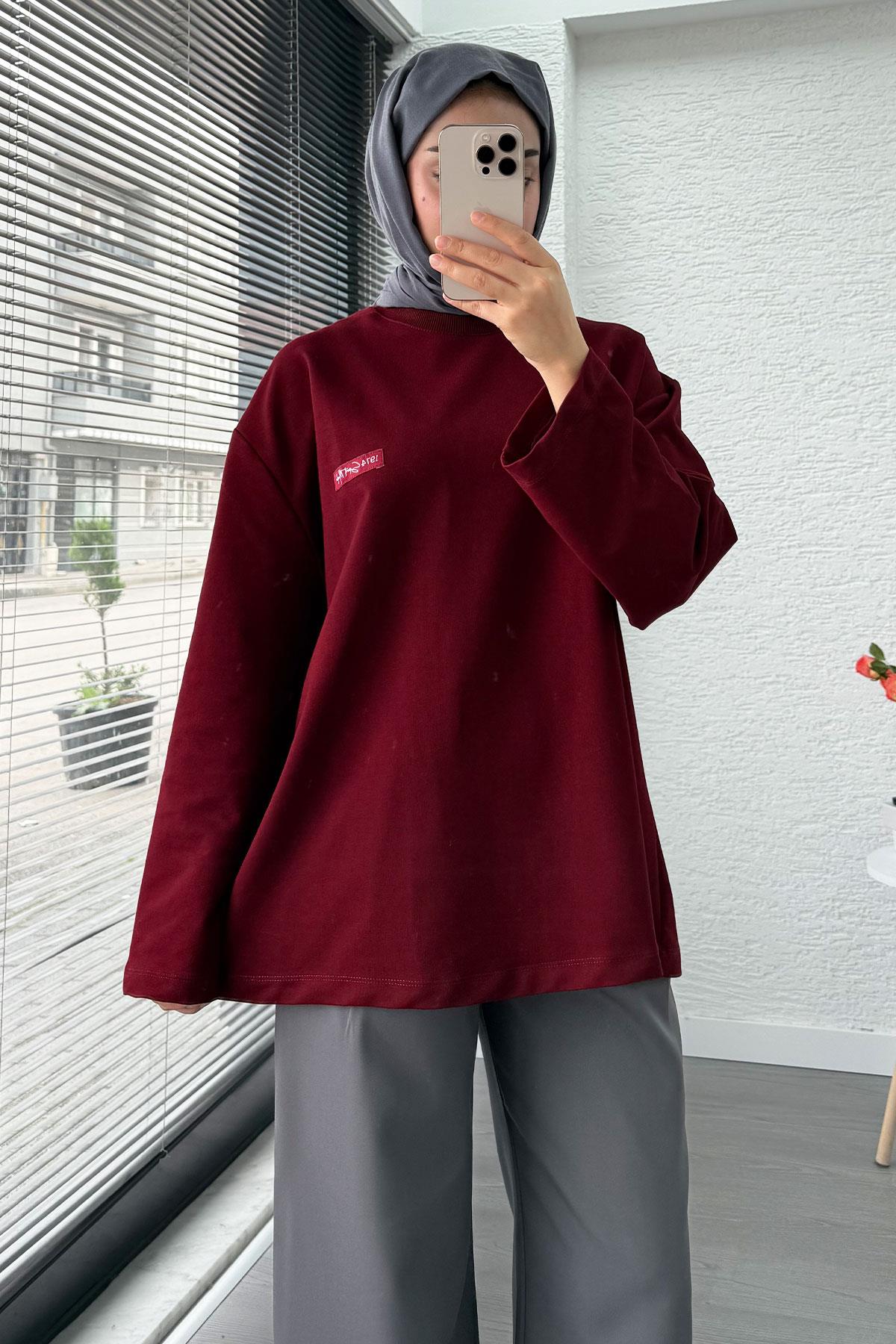 Etiket Detaylı Oversize Kadın Sweat – Bordo