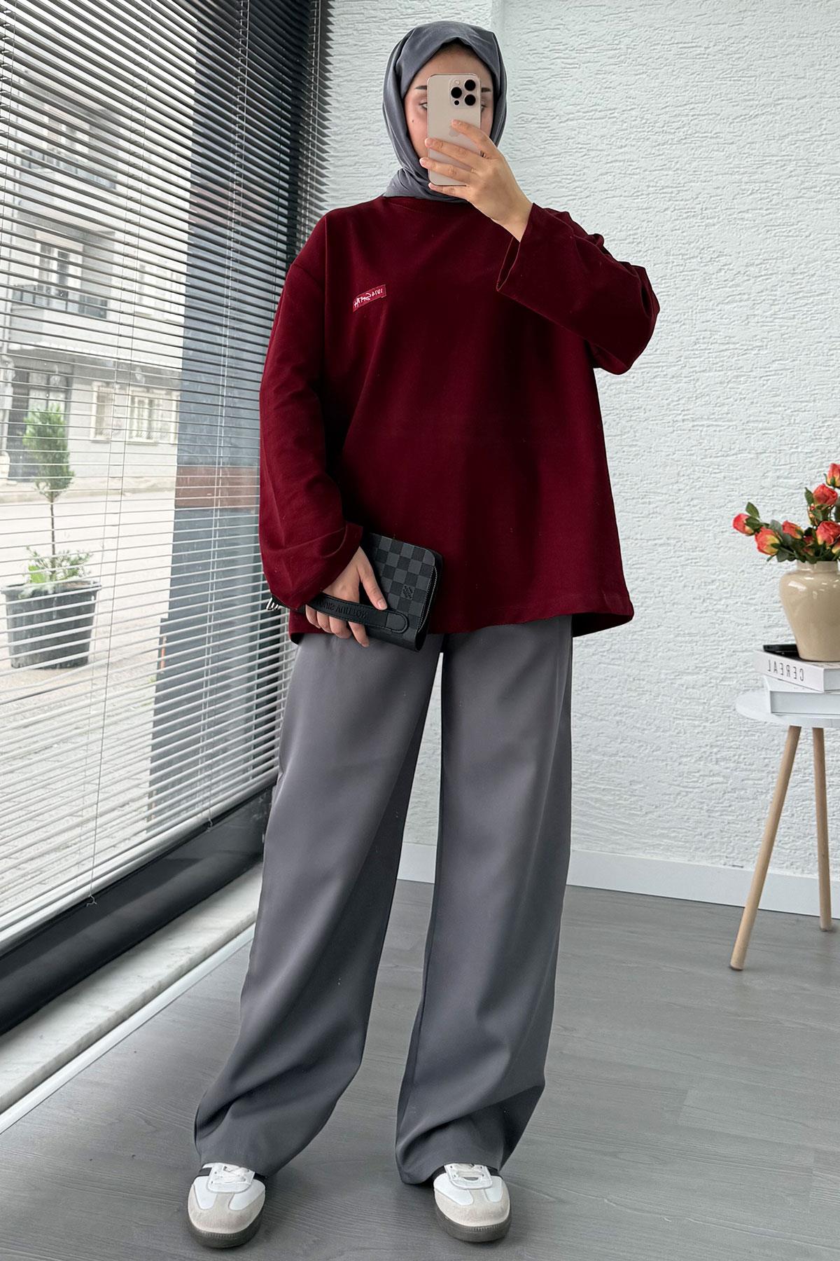 Etiket Detaylı Oversize Kadın Sweat – Bordo