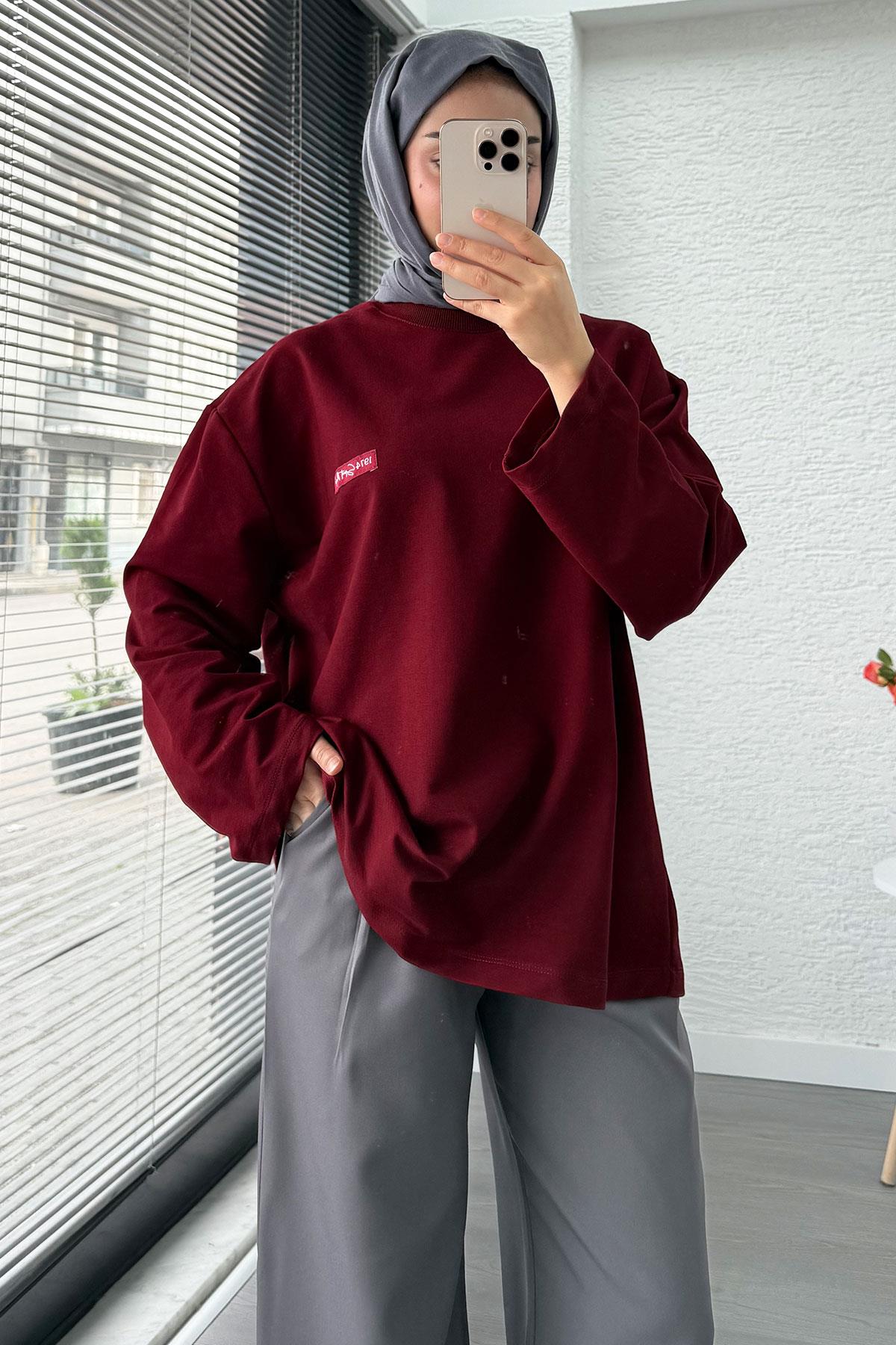 Etiket Detaylı Oversize Kadın Sweat – Bordo