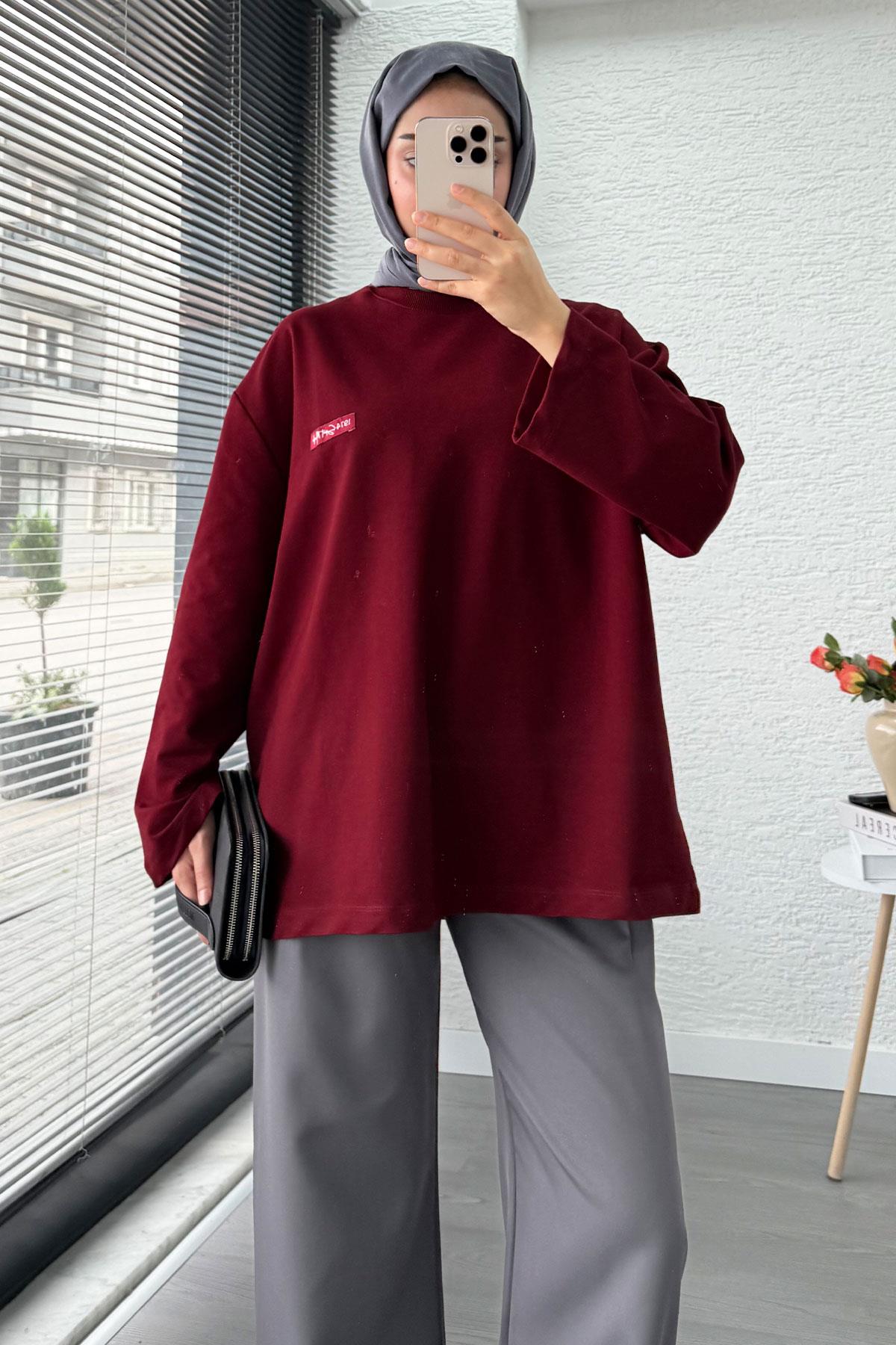 Etiket Detaylı Oversize Kadın Sweat – Bordo