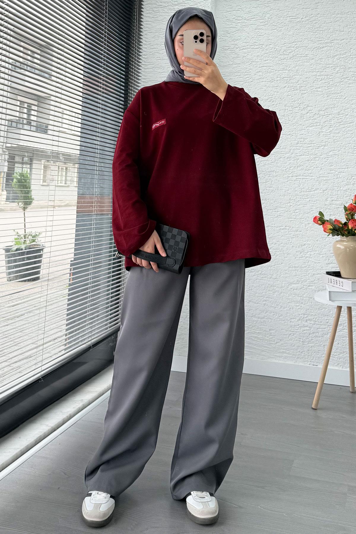 Etiket Detaylı Oversize Kadın Sweat – Bordo