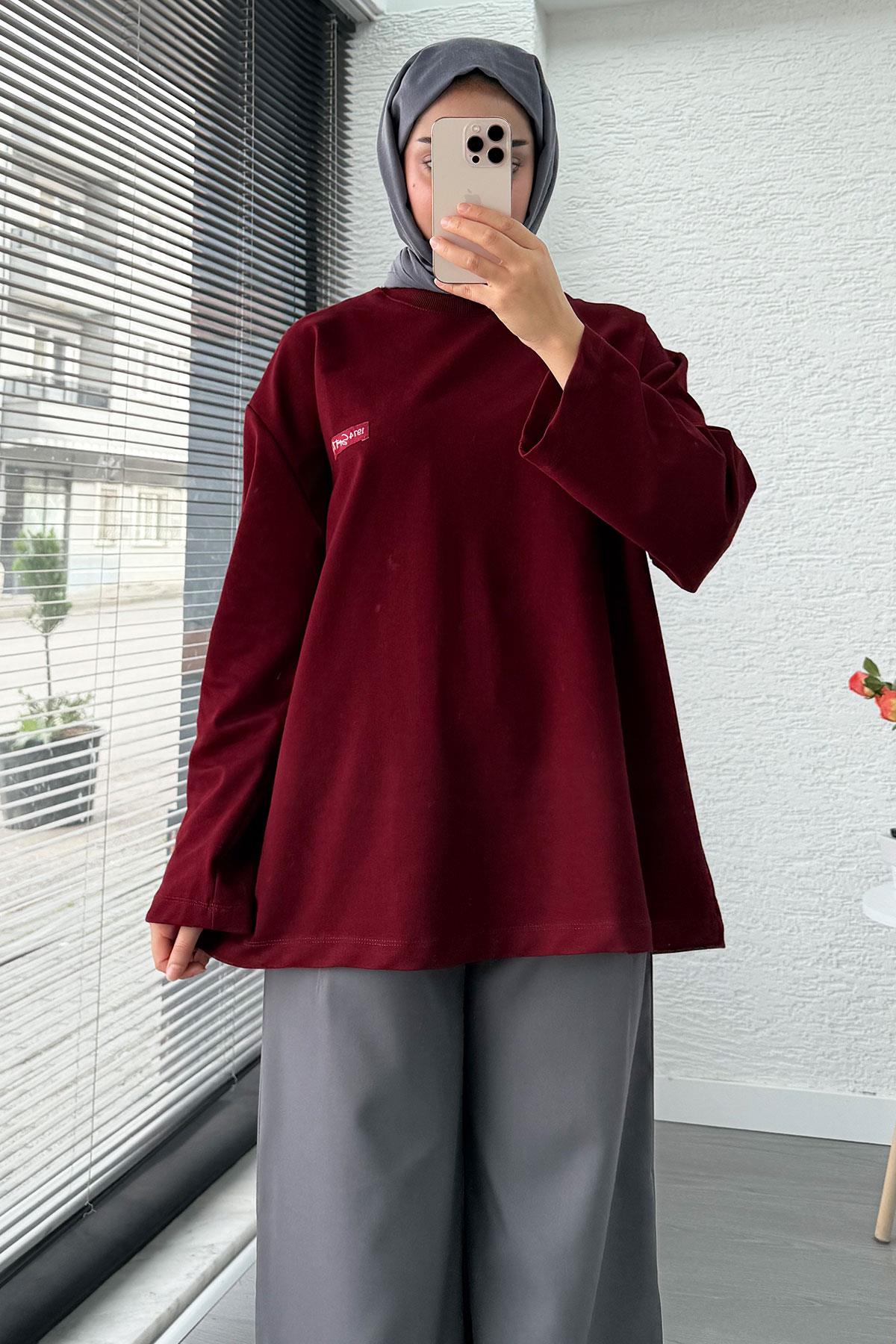 Etiket Detaylı Oversize Kadın Sweat – Bordo