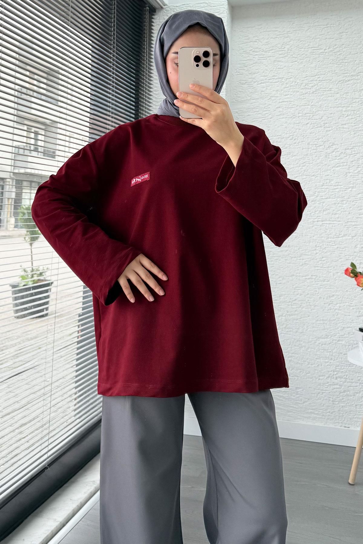 Etiket Detaylı Oversize Kadın Sweat – Bordo