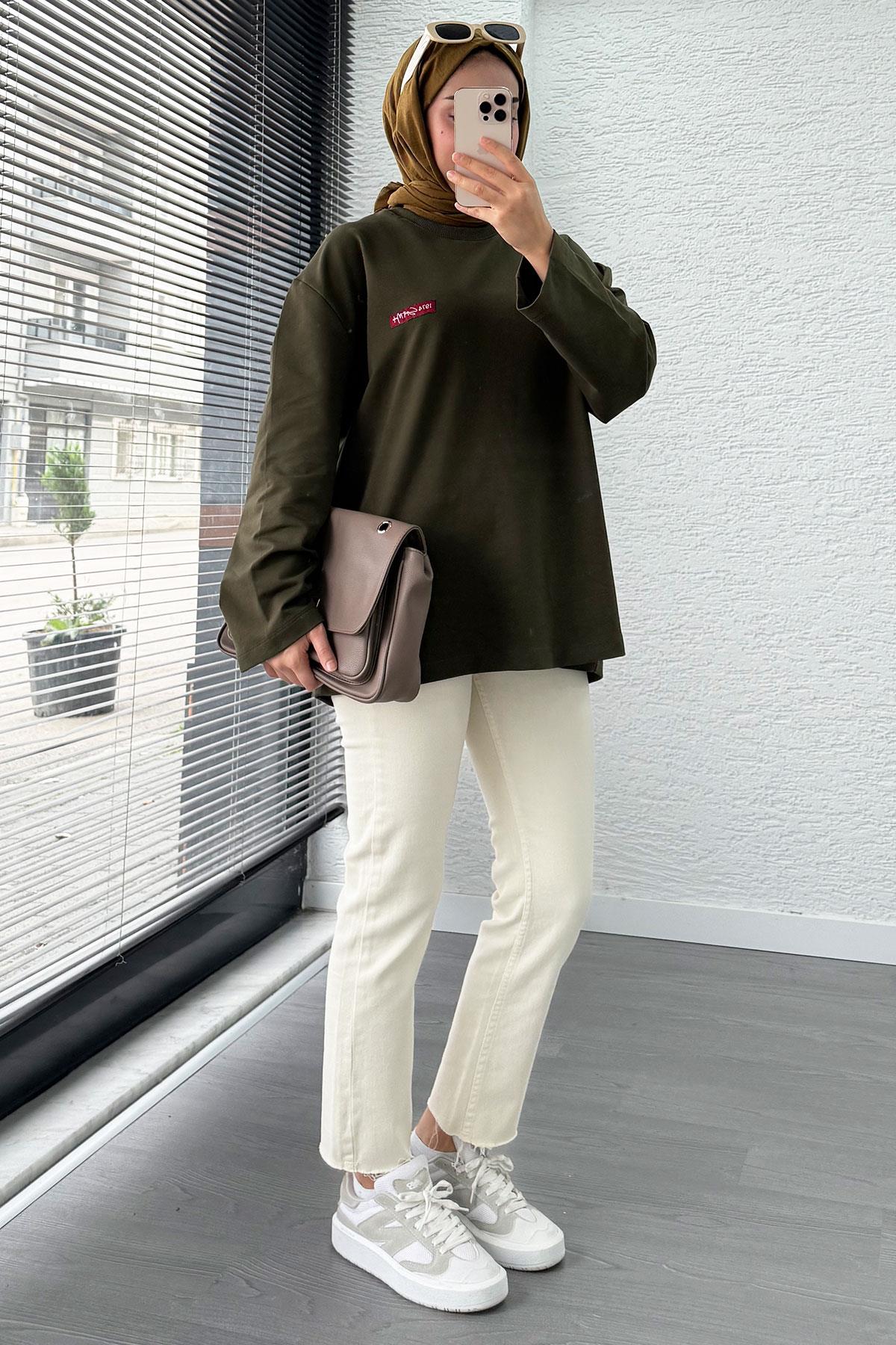 Etiket Detaylı Oversize Kadın Sweat – Haki