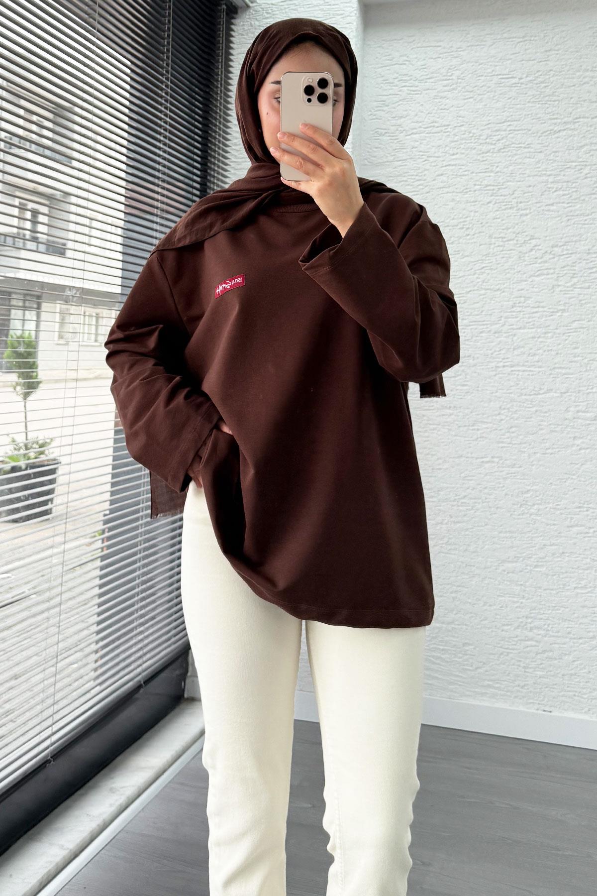 Etiket Detaylı Oversize Kadın Sweat – Kahverengi