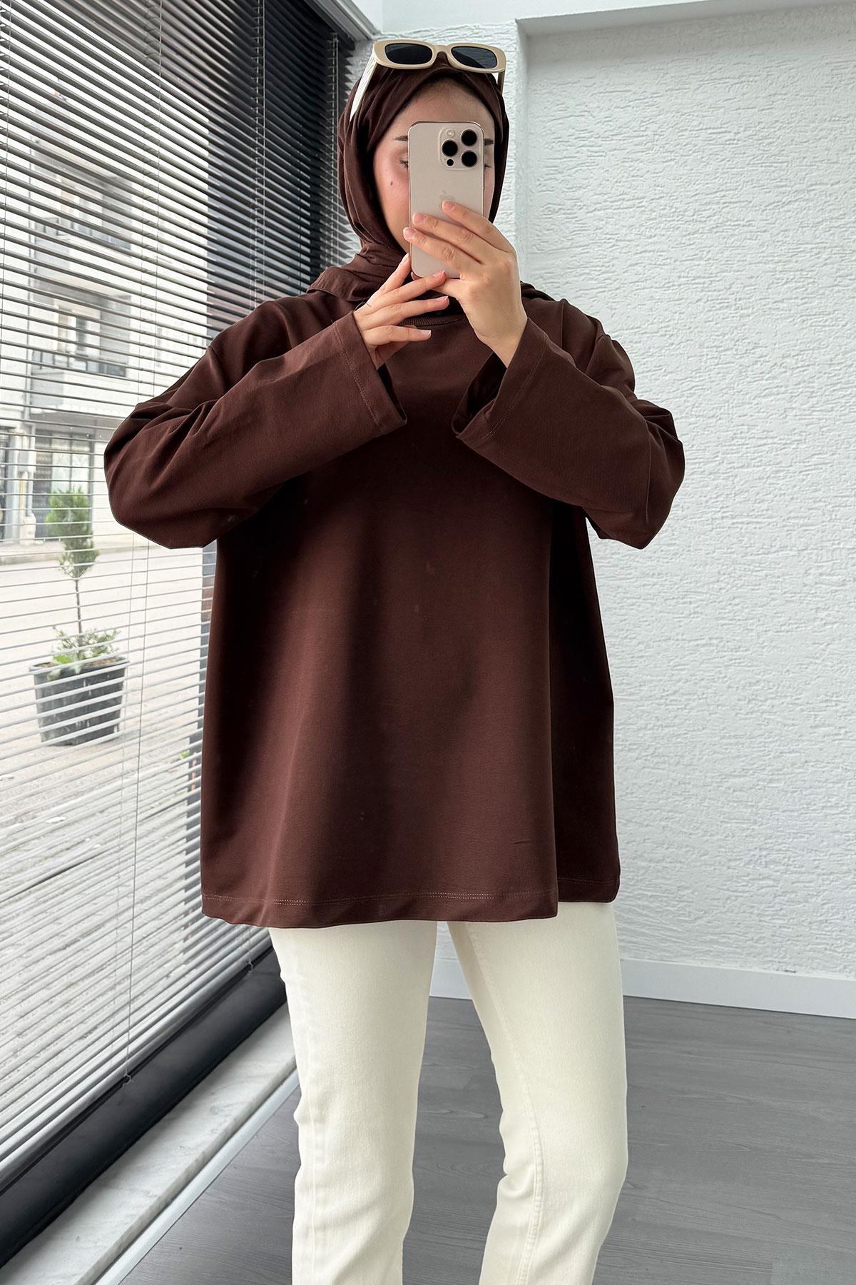 Etiket Detaylı Oversize Kadın Sweat – Kahverengi