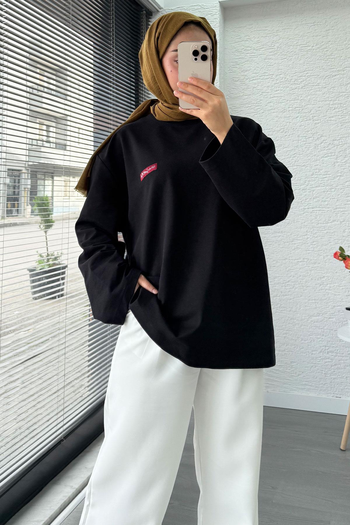 Etiket Detaylı Oversize Kadın Sweat – Siyah