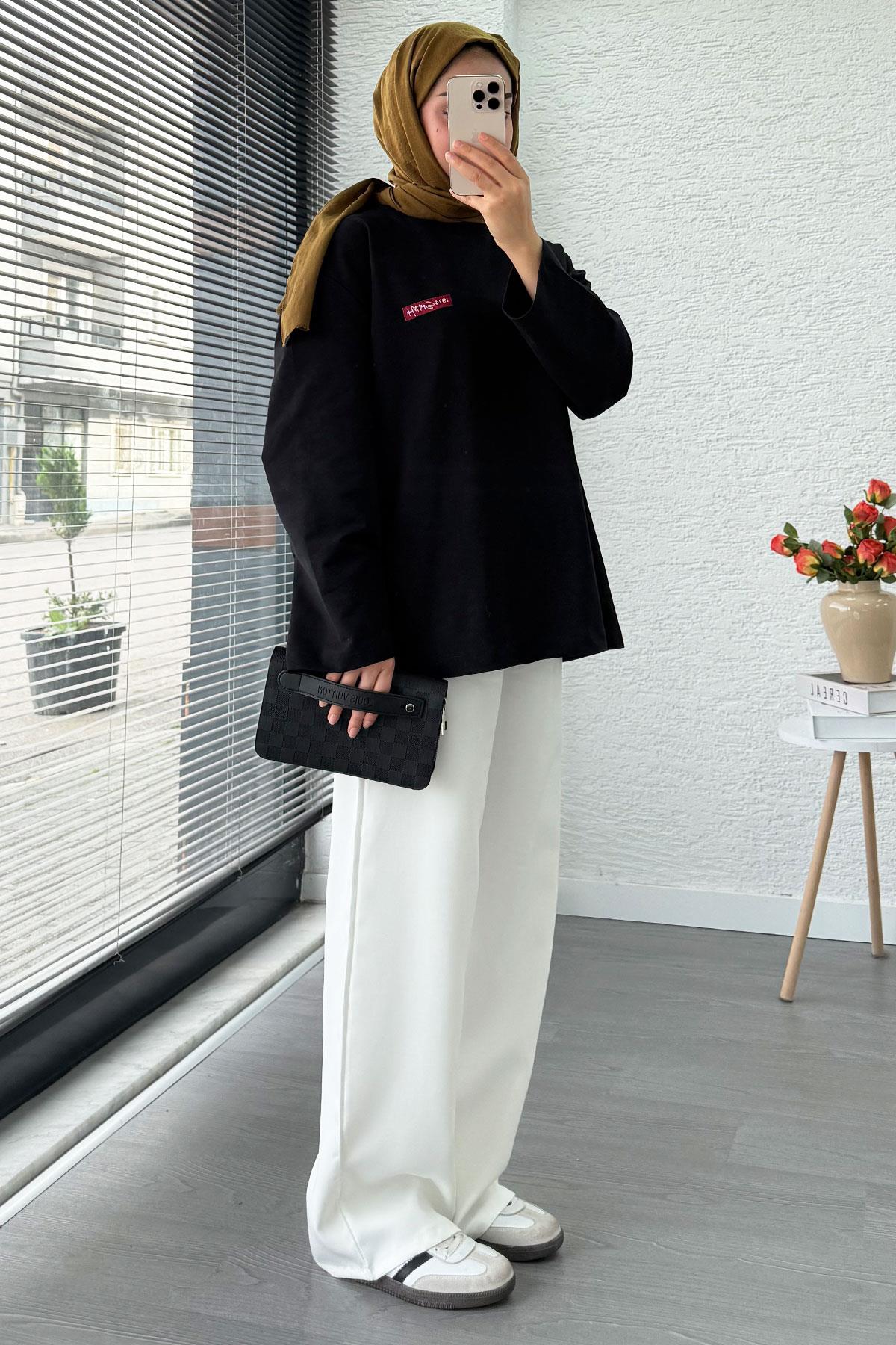 Etiket Detaylı Oversize Kadın Sweat – Siyah