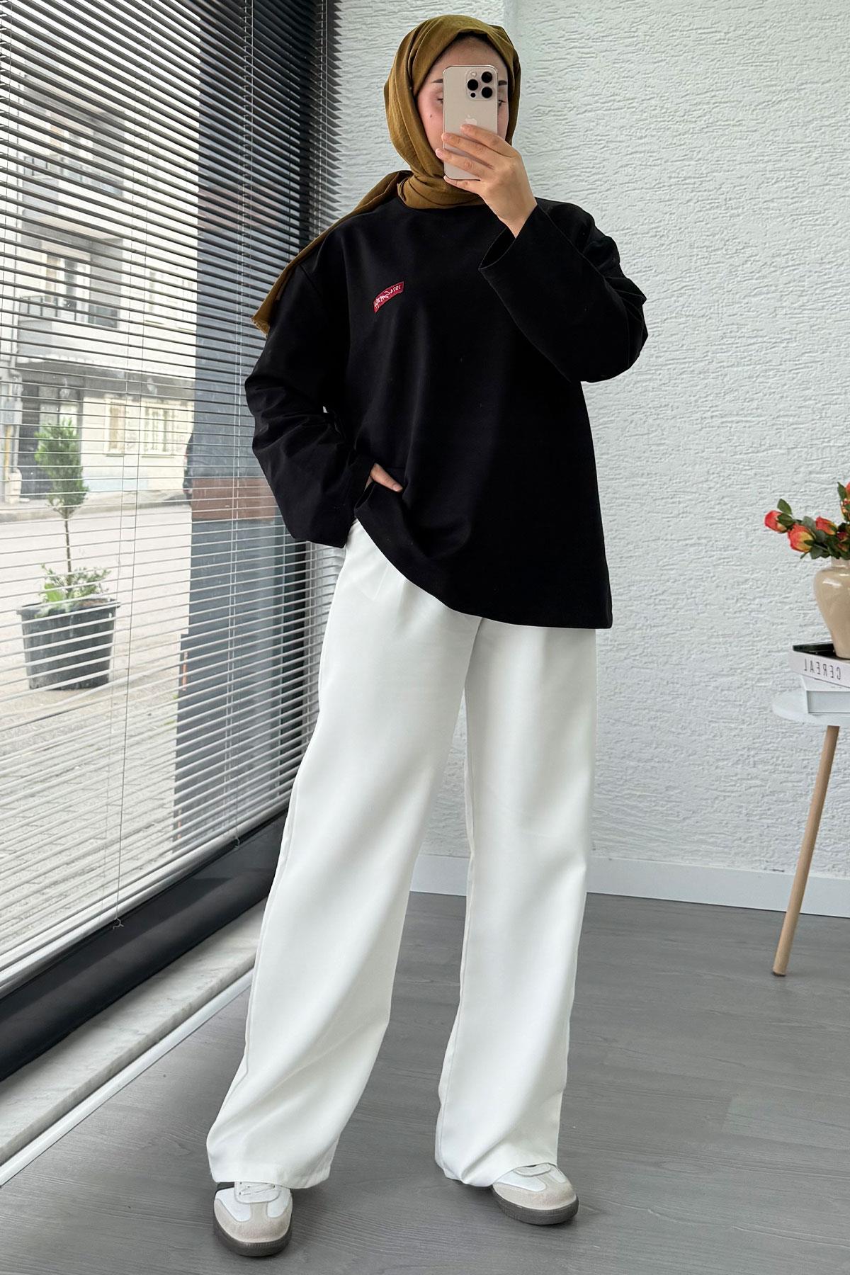 Etiket Detaylı Oversize Kadın Sweat – Siyah