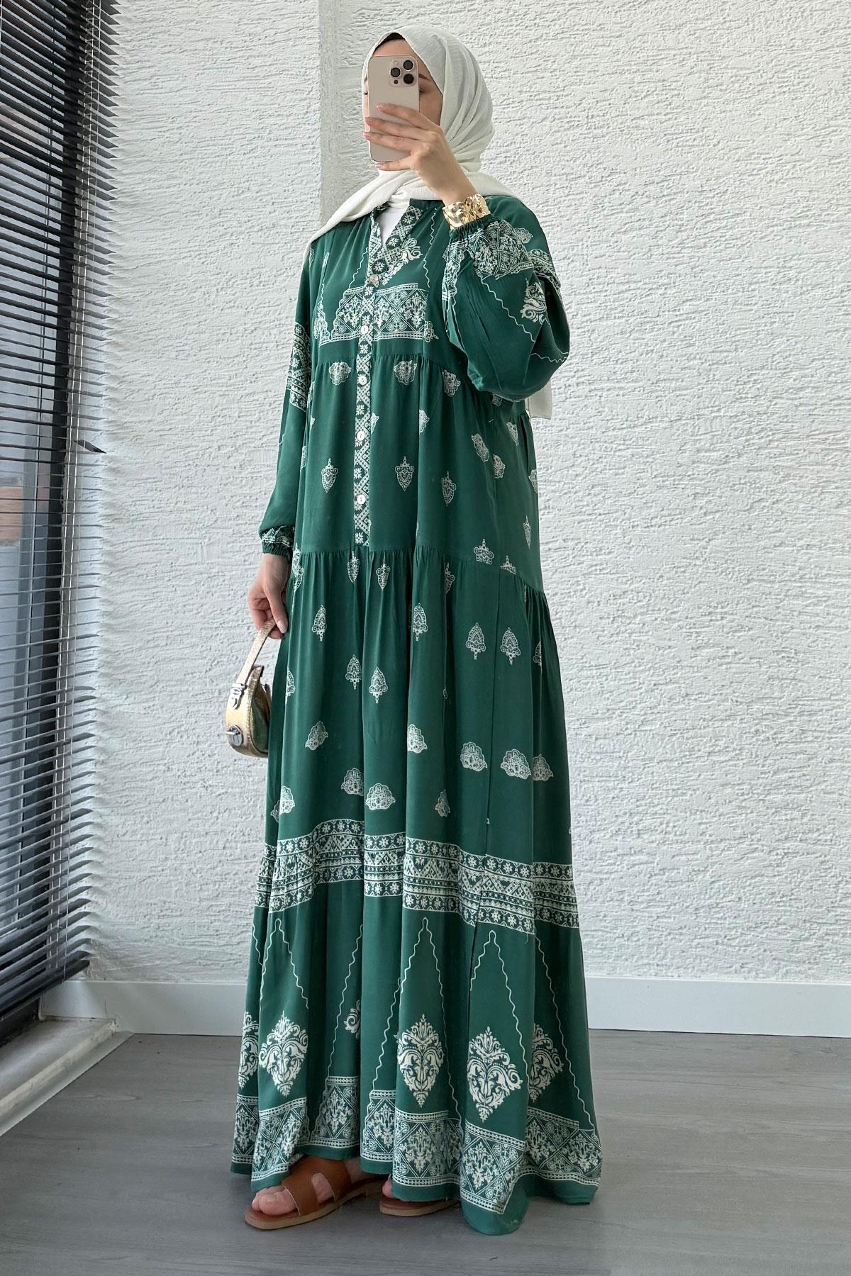 Etnik Desenli Viskon Elbise – Yeşil