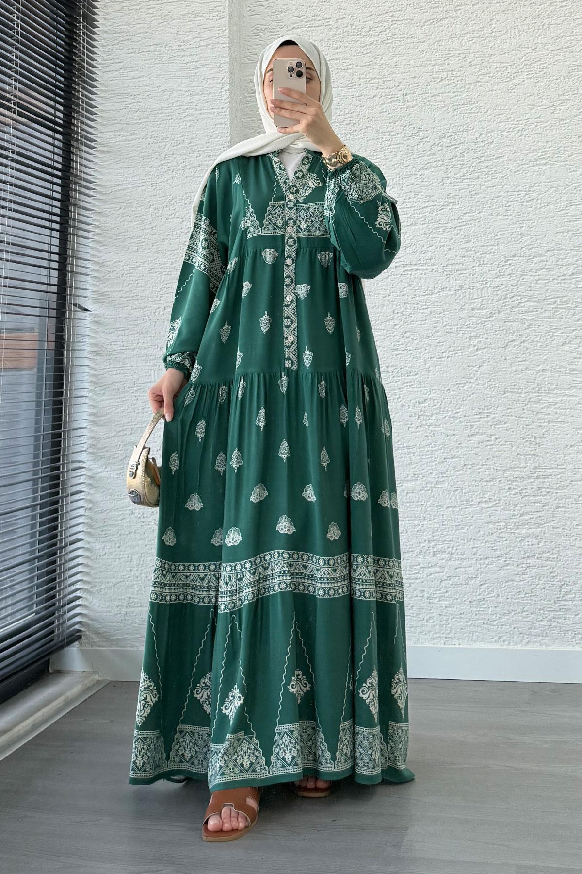 Etnik Desenli Viskon Elbise – Yeşil