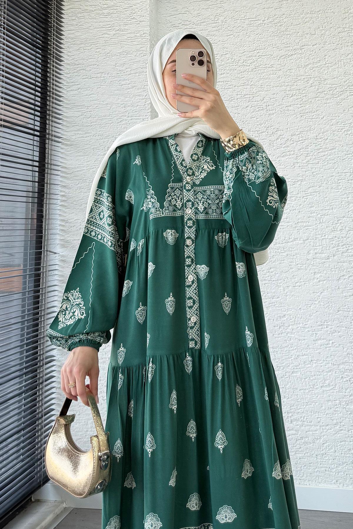 Etnik Desenli Viskon Elbise – Yeşil