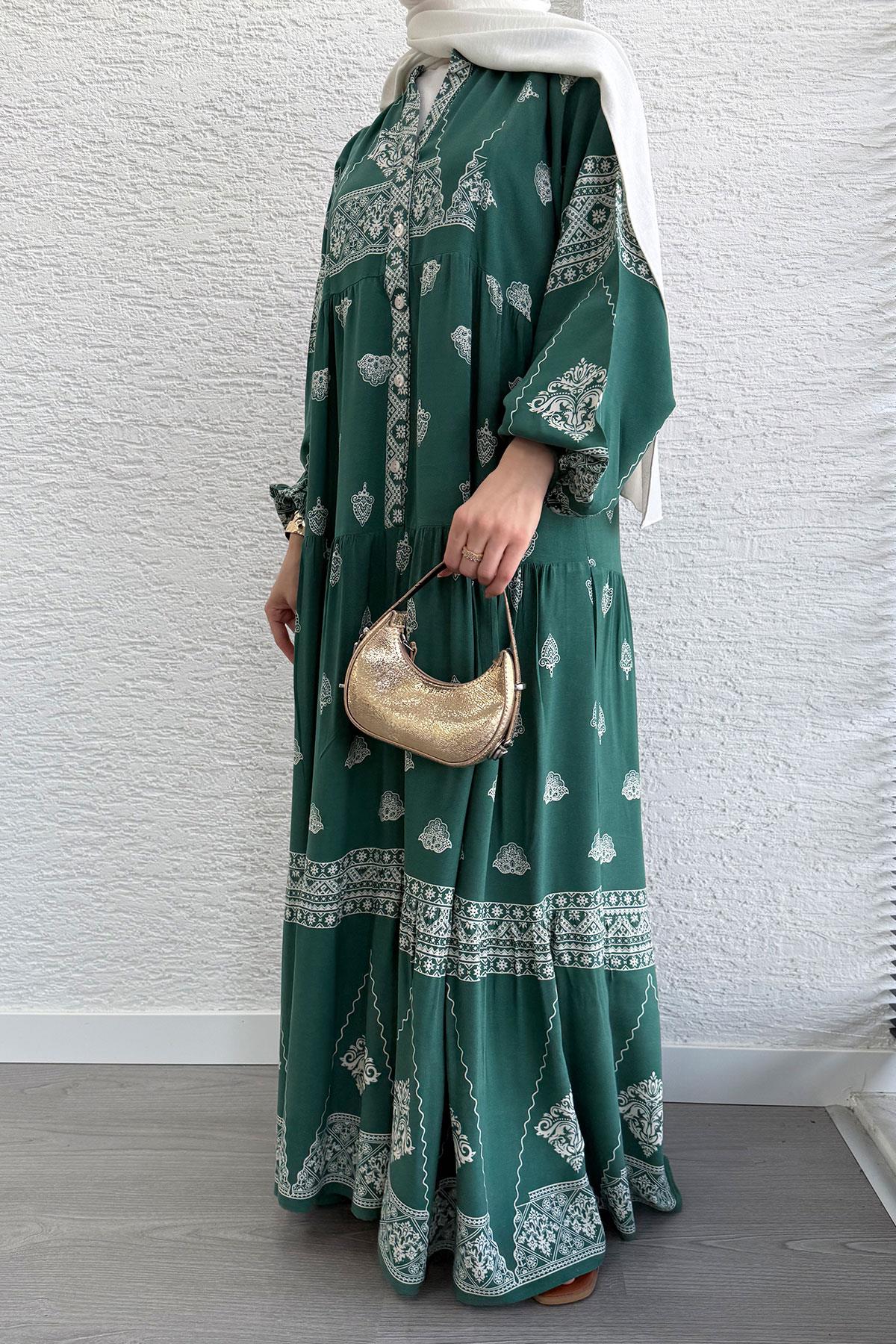 Etnik Desenli Viskon Elbise – Yeşil