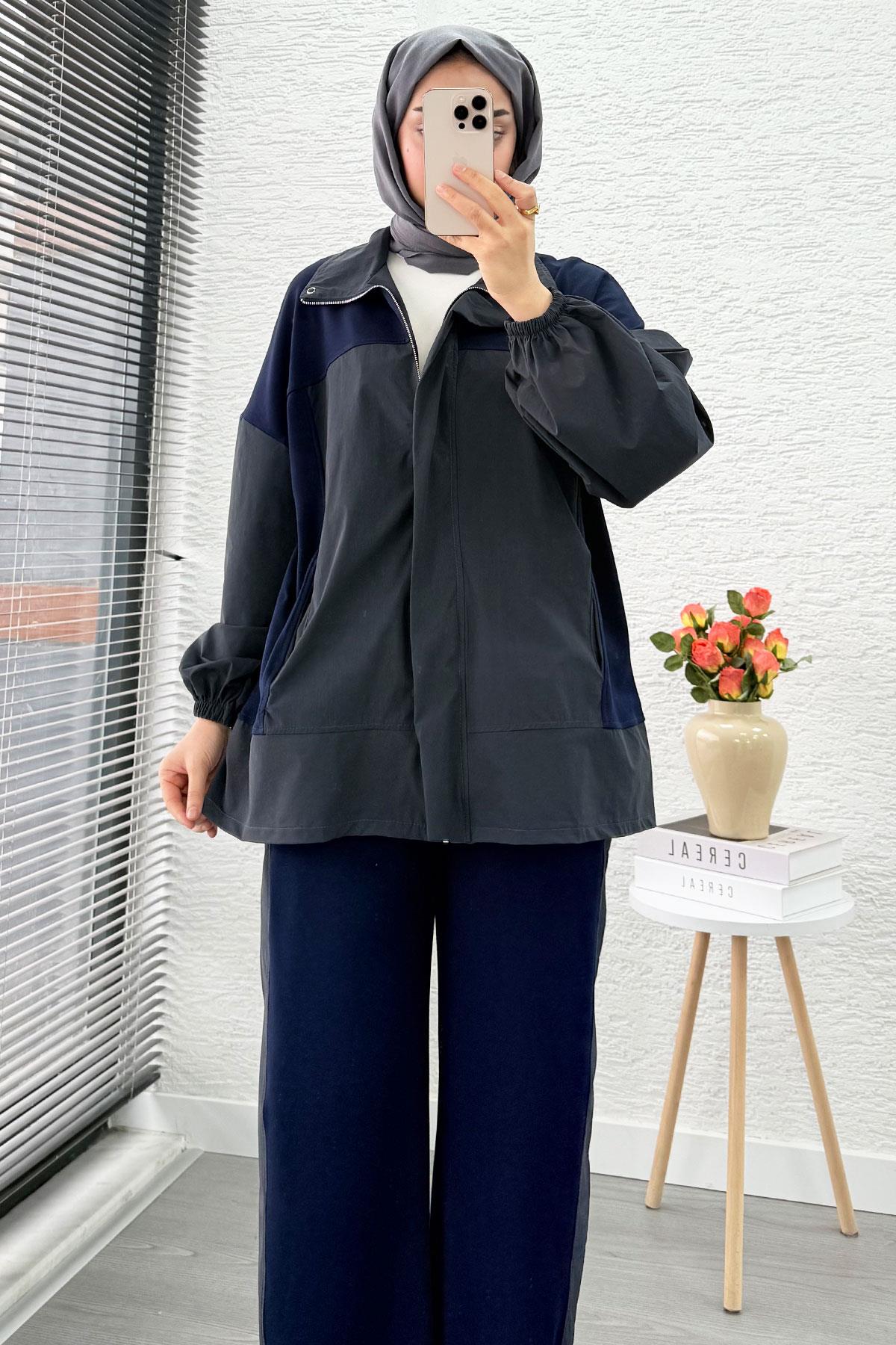 Fermuarlı Paraşüt Garnili İkili Eşofman Takım - Lacivert