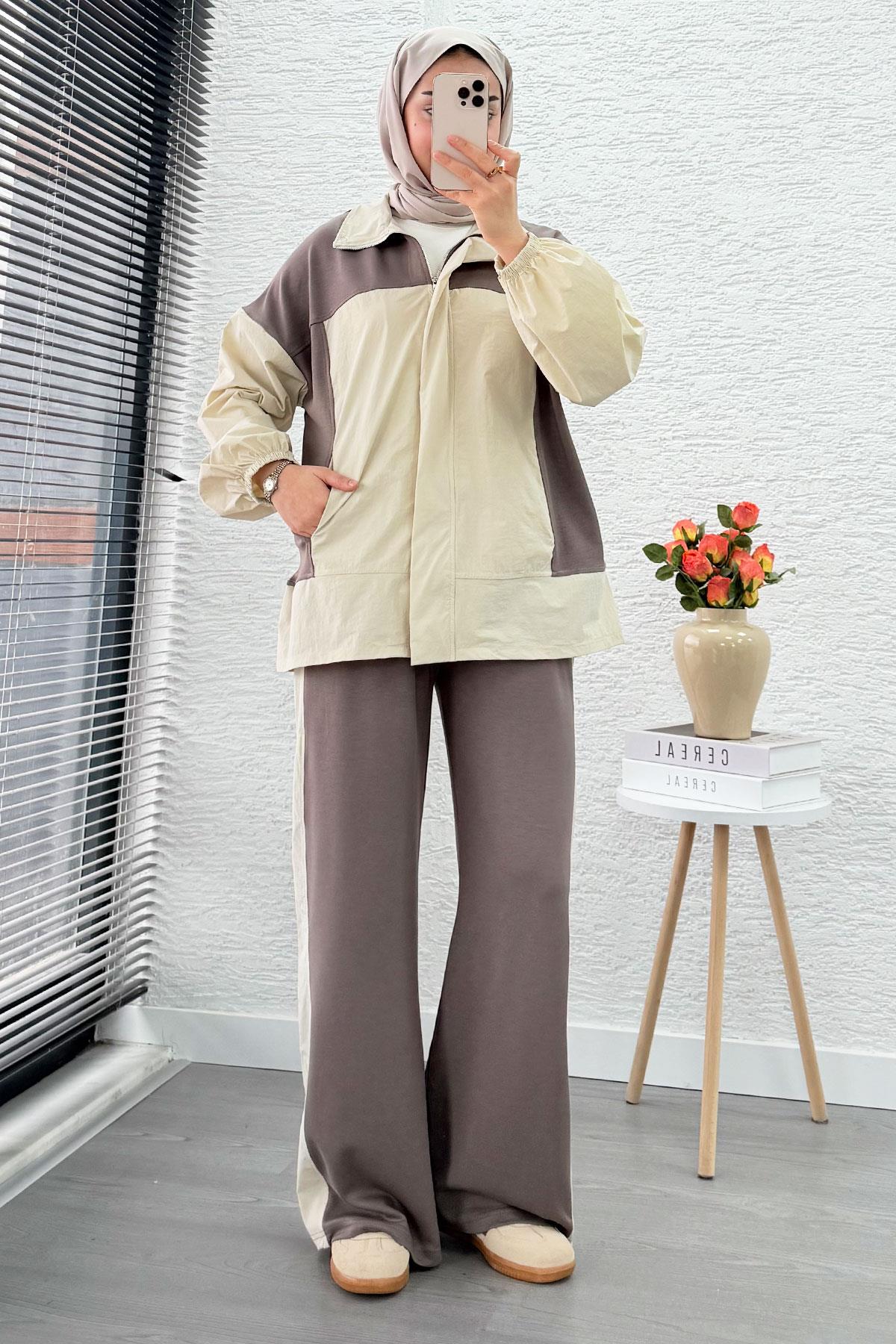 Fermuarlı Paraşüt Garnili İkili Eşofman Takım - Vizon