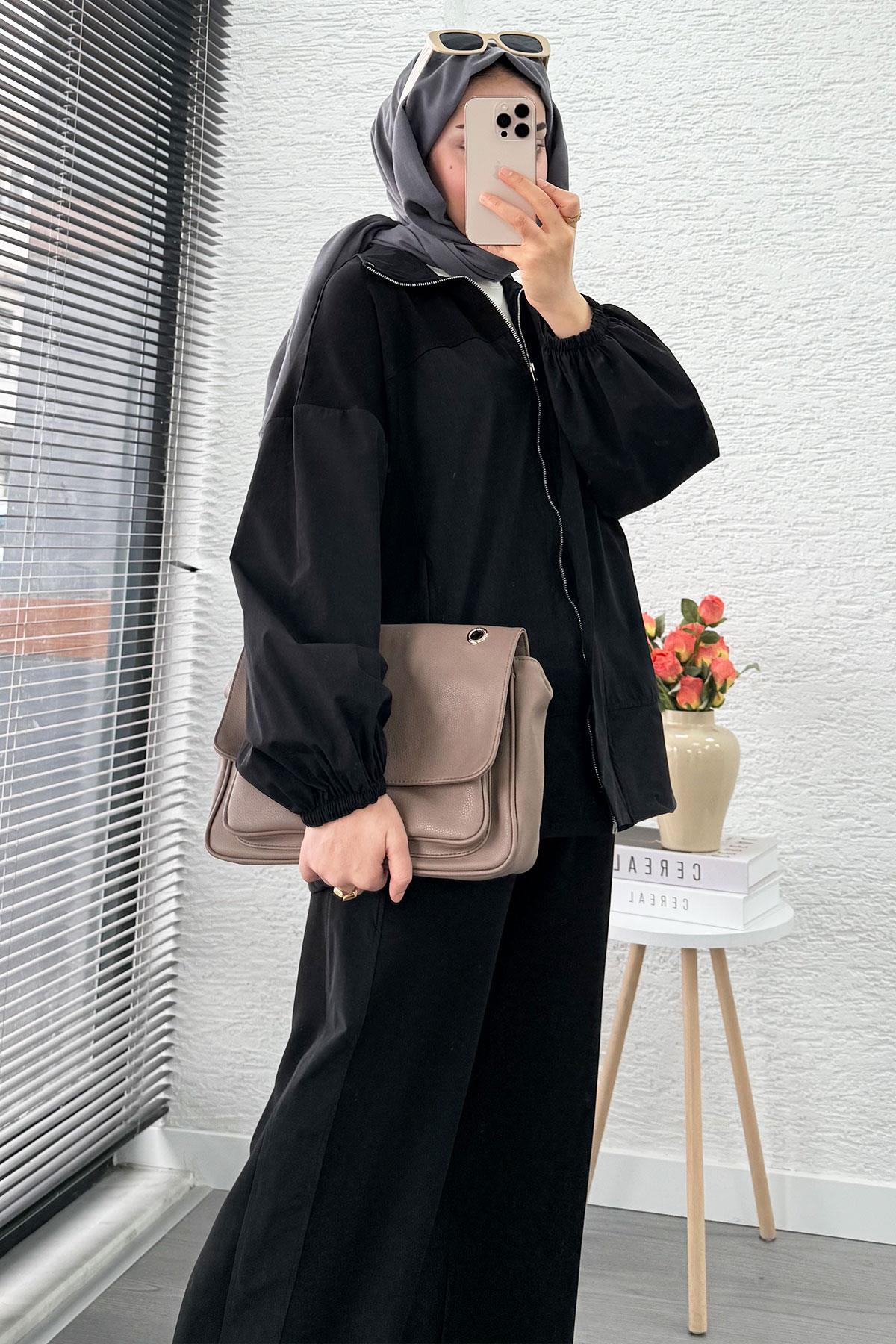 Fermuarlı Paraşüt Garnili İkili Eşofman Takım - Siyah