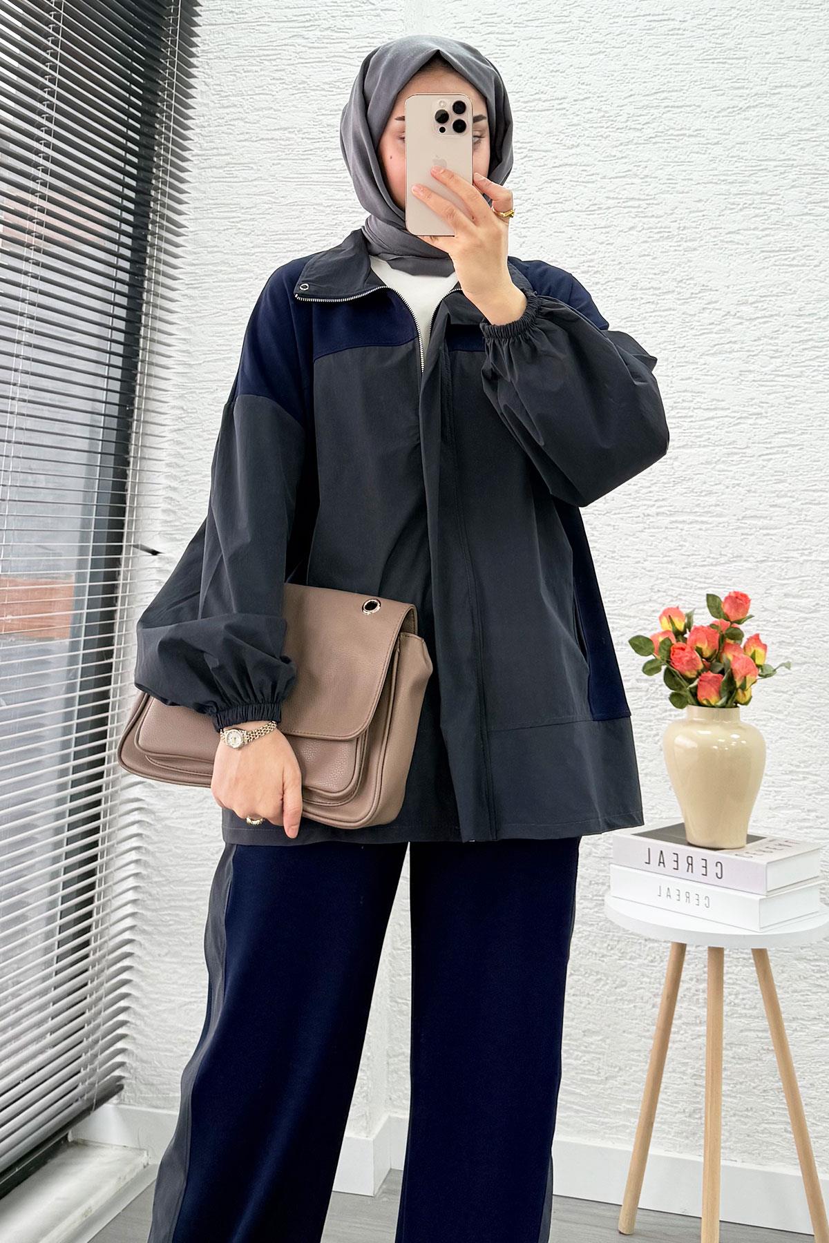 Fermuarlı Paraşüt Garnili İkili Eşofman Takım - Lacivert