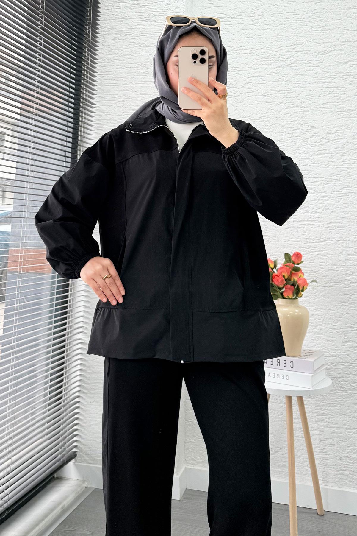 Fermuarlı Paraşüt Garnili İkili Eşofman Takım - Siyah