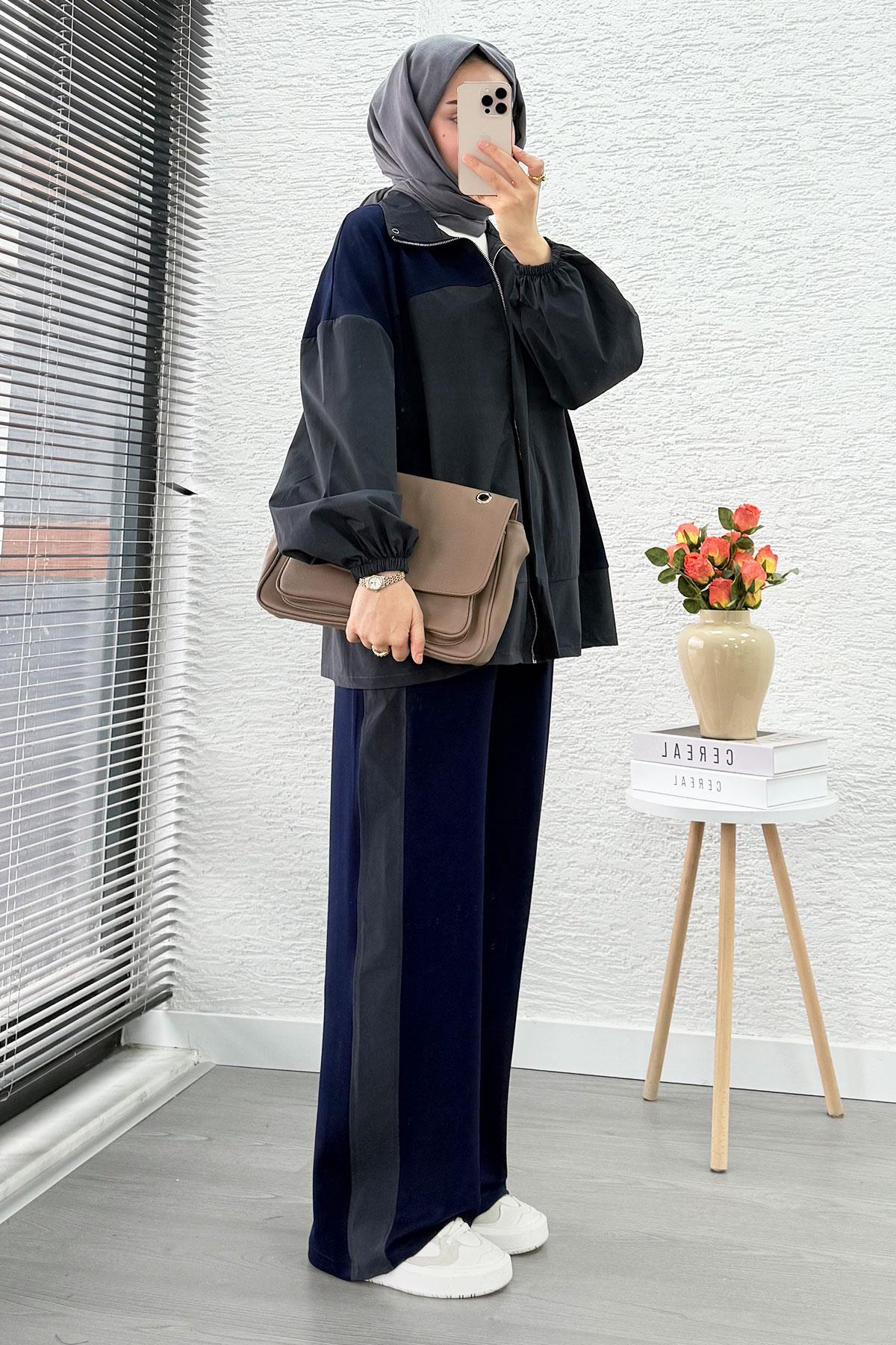 Fermuarlı Paraşüt Garnili İkili Eşofman Takım - Lacivert