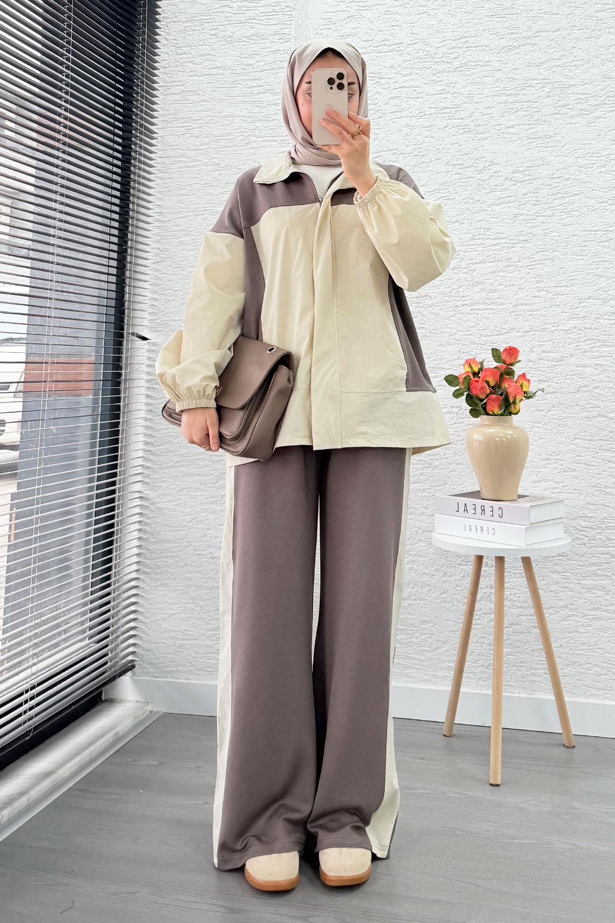 Fermuarlı Paraşüt Garnili İkili Eşofman Takım - Vizon