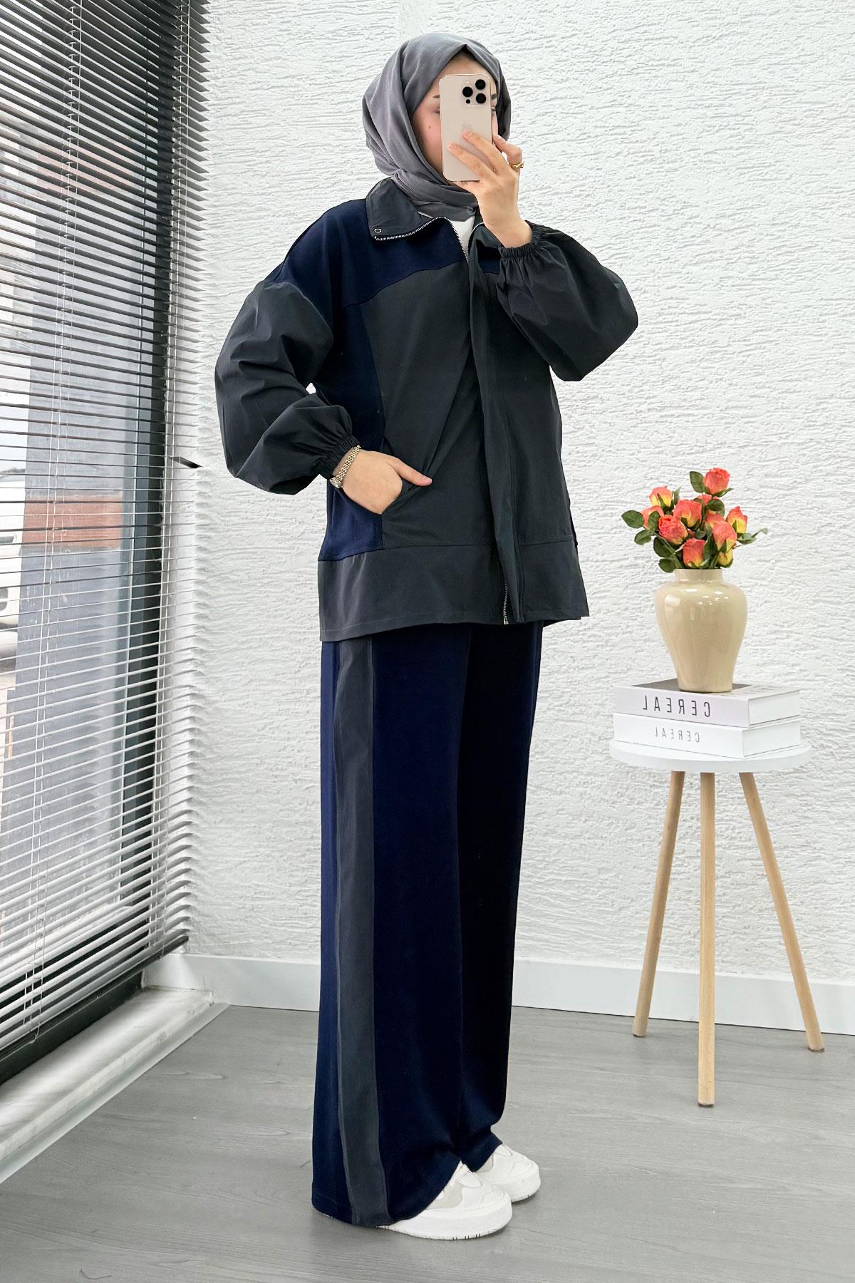 Fermuarlı Paraşüt Garnili İkili Eşofman Takım - Lacivert