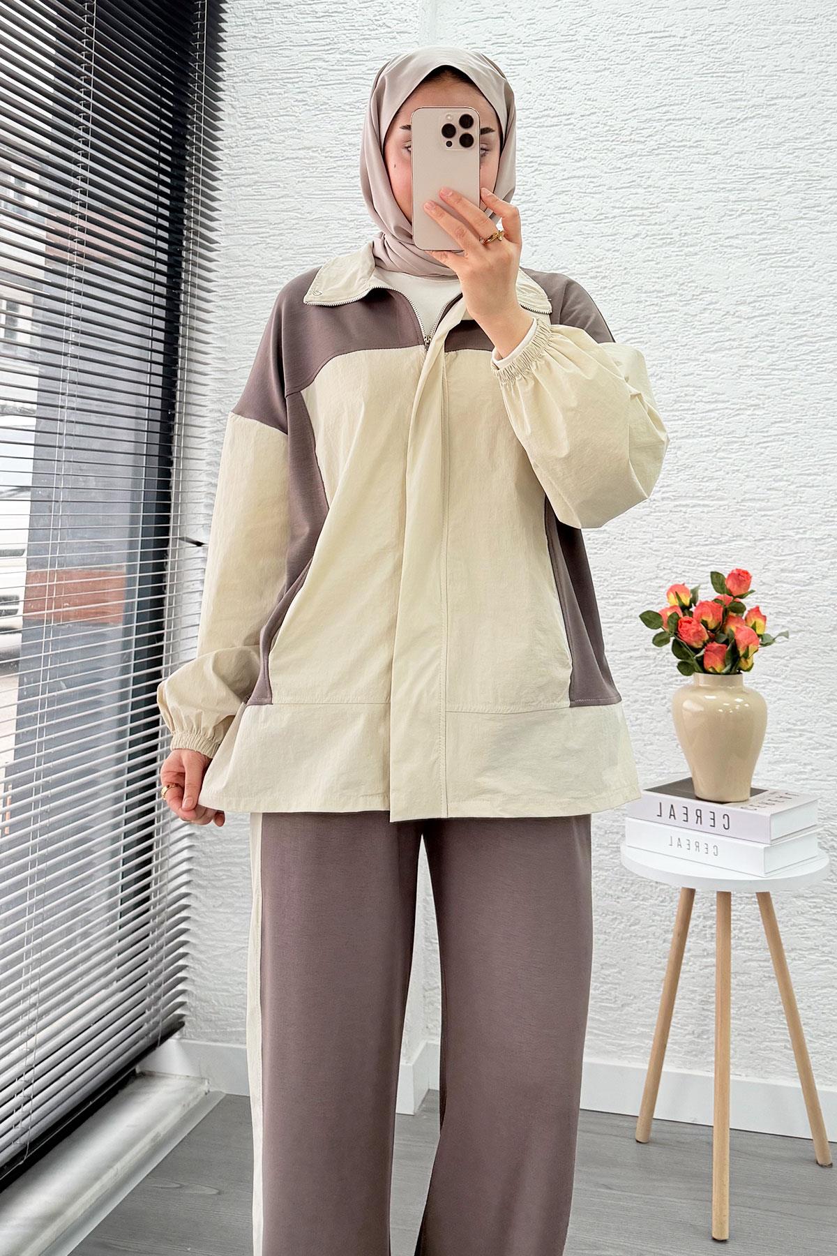 Fermuarlı Paraşüt Garnili İkili Eşofman Takım - Vizon