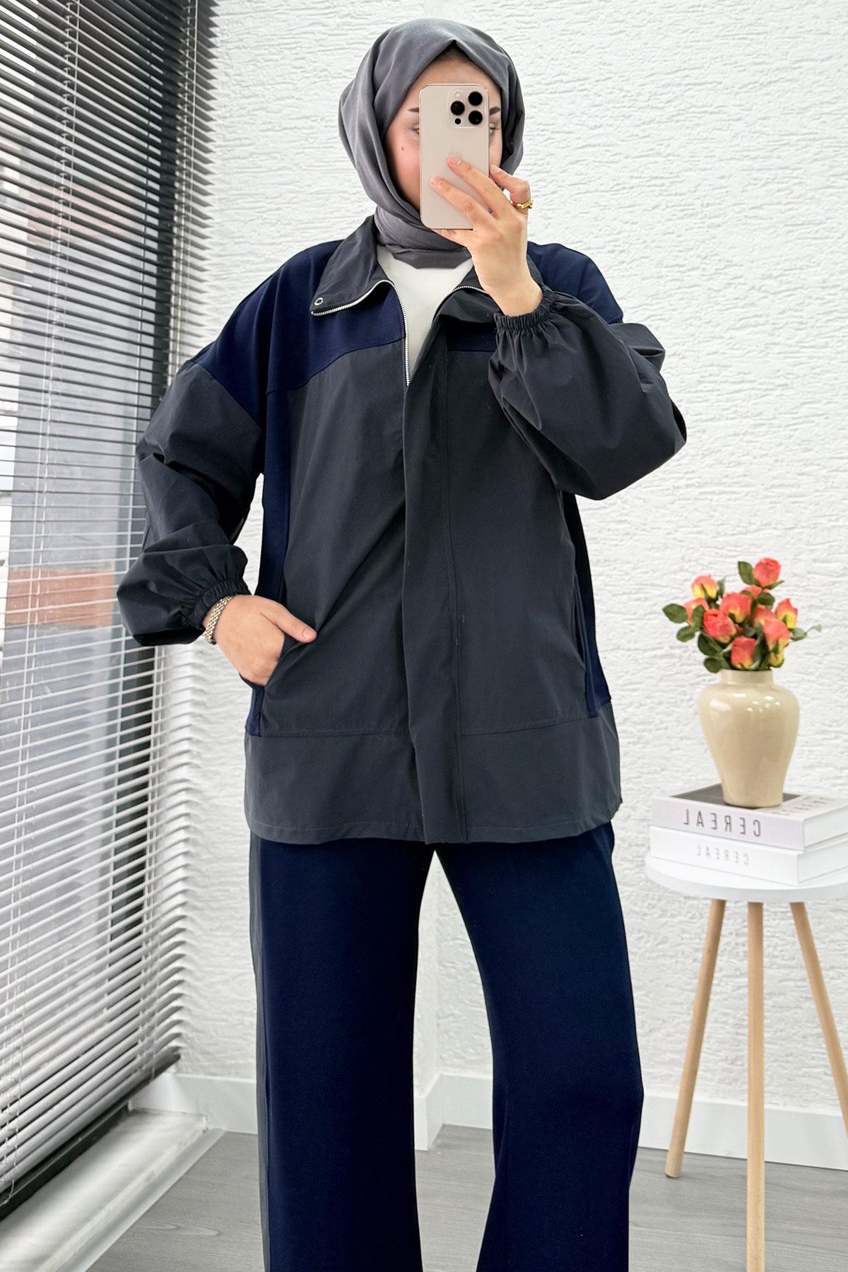 Fermuarlı Paraşüt Garnili İkili Eşofman Takım - Lacivert