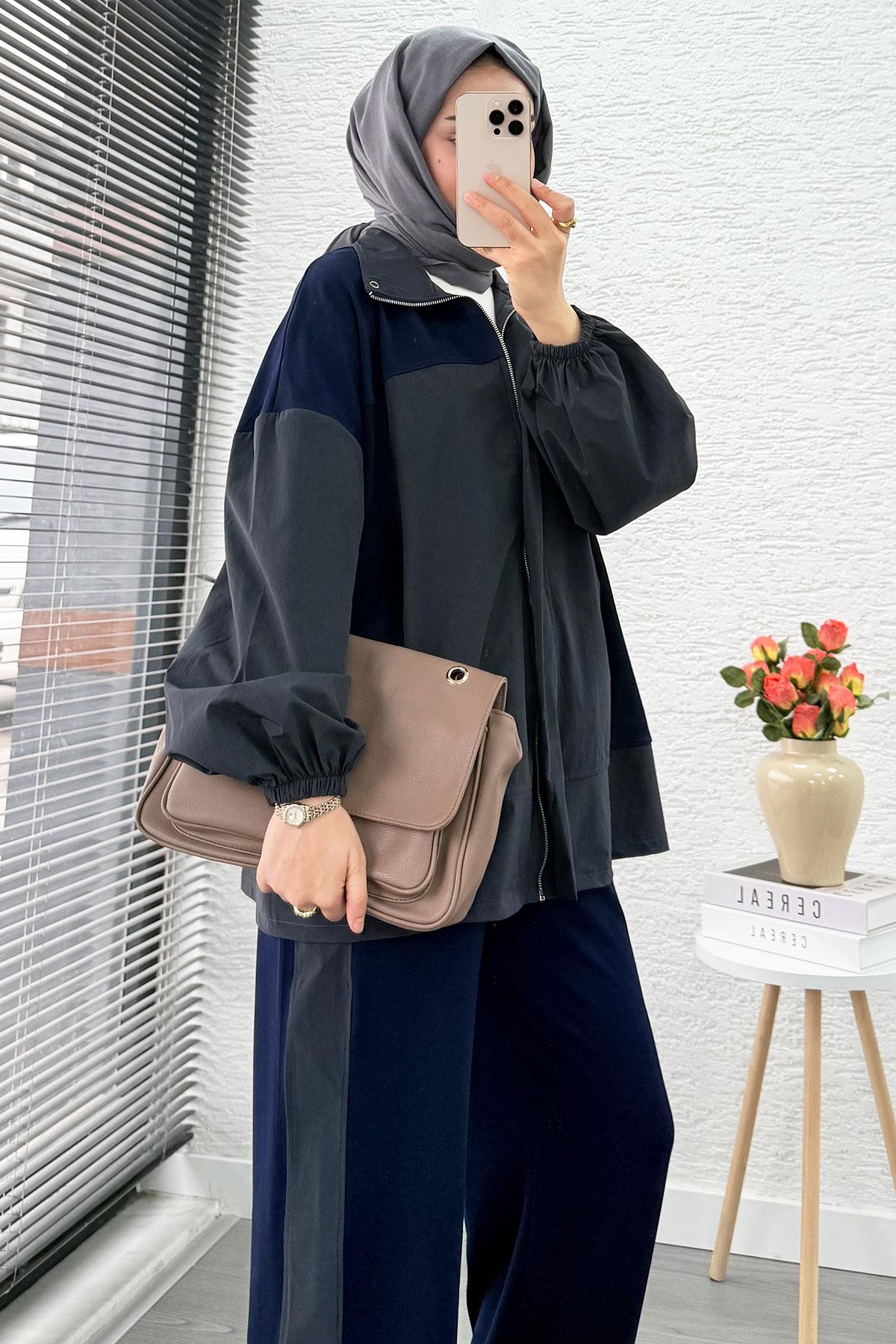 Fermuarlı Paraşüt Garnili İkili Eşofman Takım - Lacivert