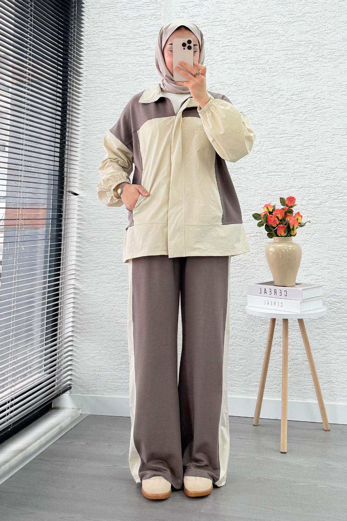 Fermuarlı Paraşüt Garnili İkili Eşofman Takım - Vizon