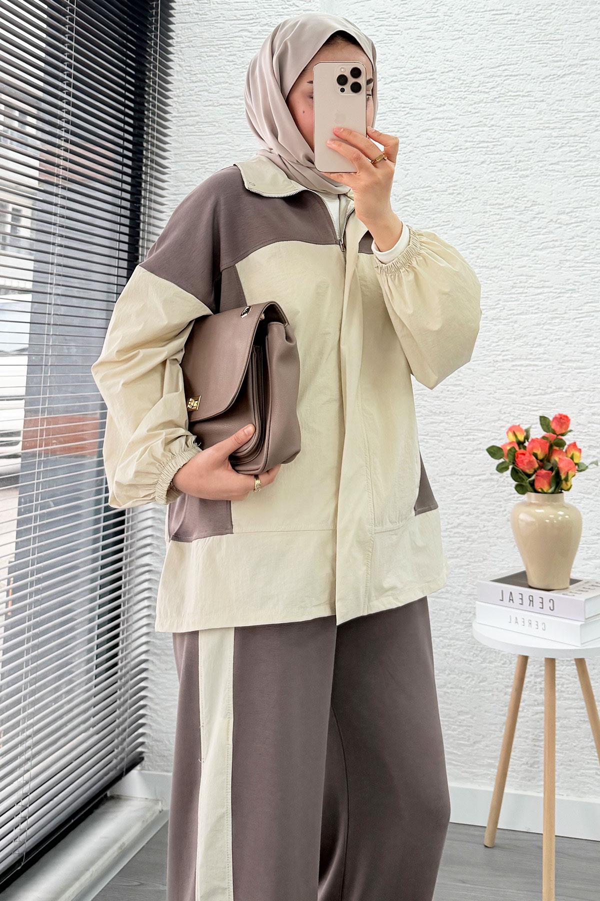 Fermuarlı Paraşüt Garnili İkili Eşofman Takım - Vizon