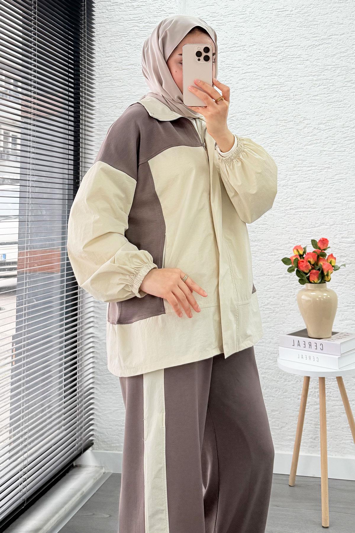 Fermuarlı Paraşüt Garnili İkili Eşofman Takım - Vizon