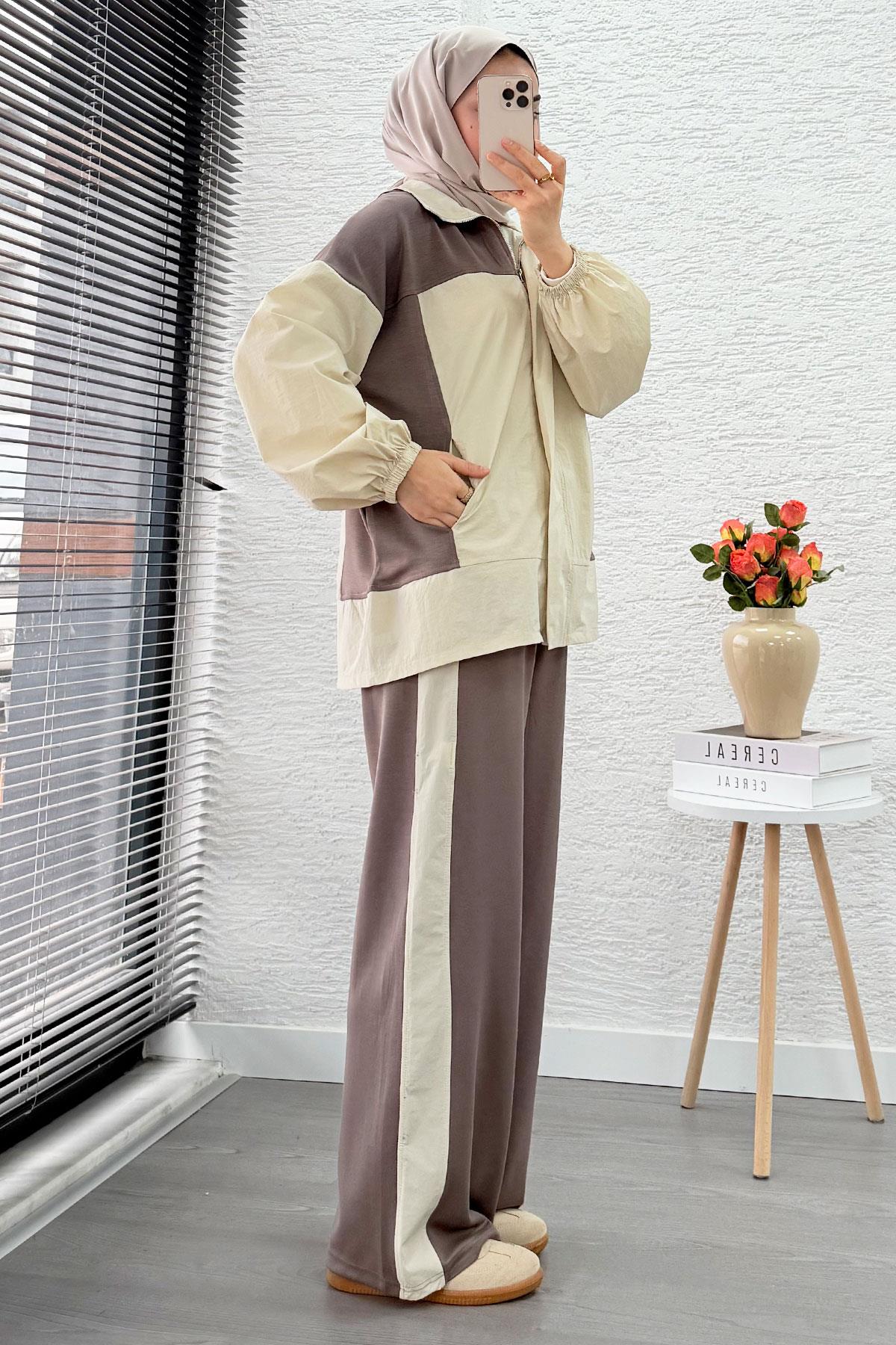 Fermuarlı Paraşüt Garnili İkili Eşofman Takım - Vizon