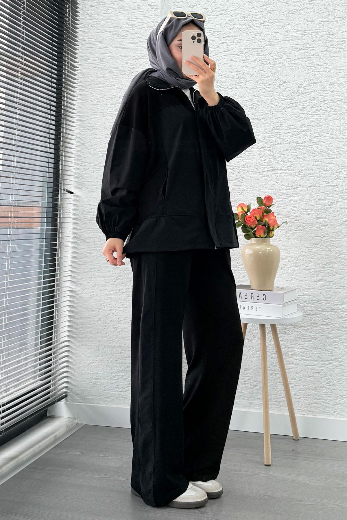 Fermuarlı Paraşüt Garnili İkili Eşofman Takım - Siyah