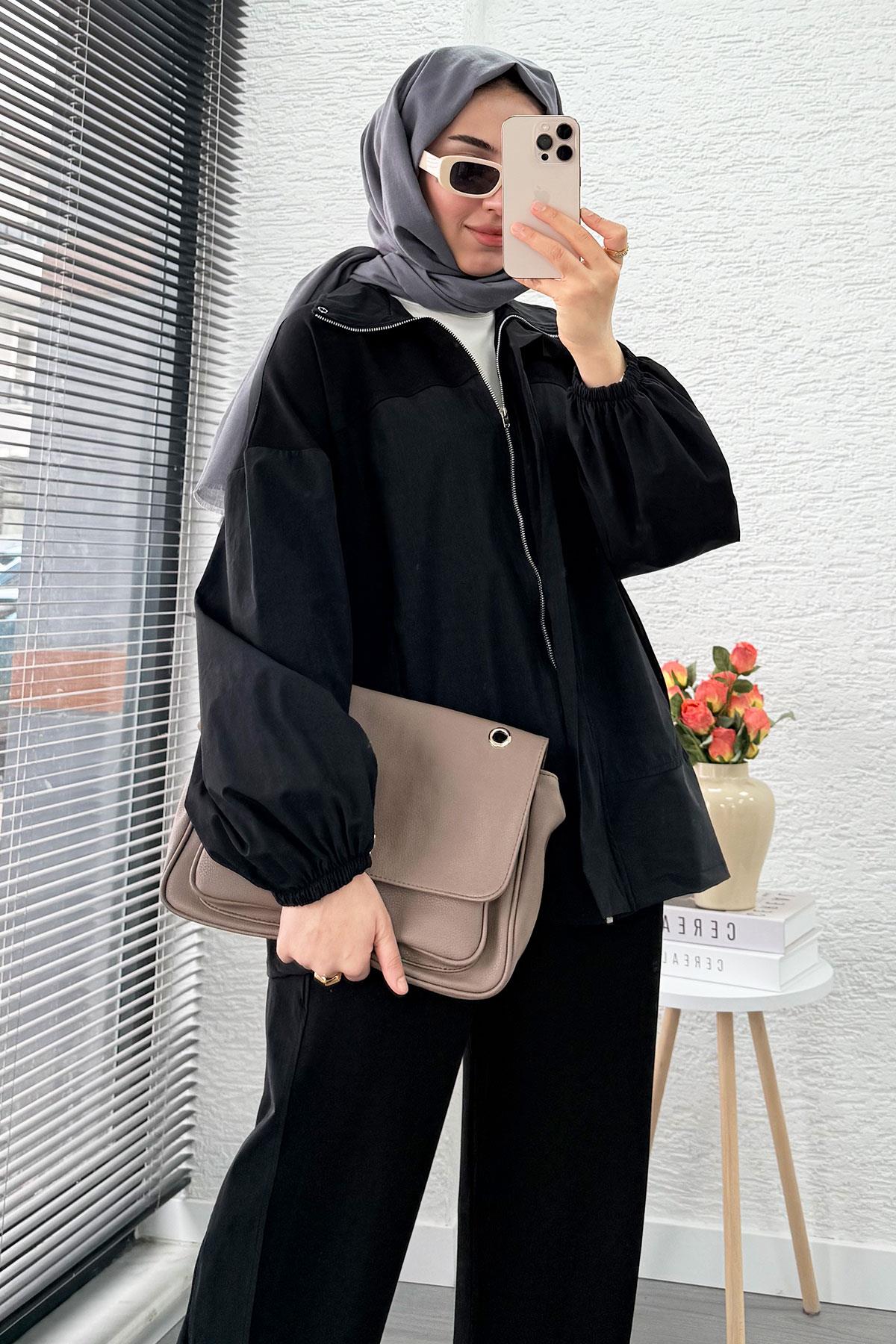 Fermuarlı Paraşüt Garnili İkili Eşofman Takım - Siyah