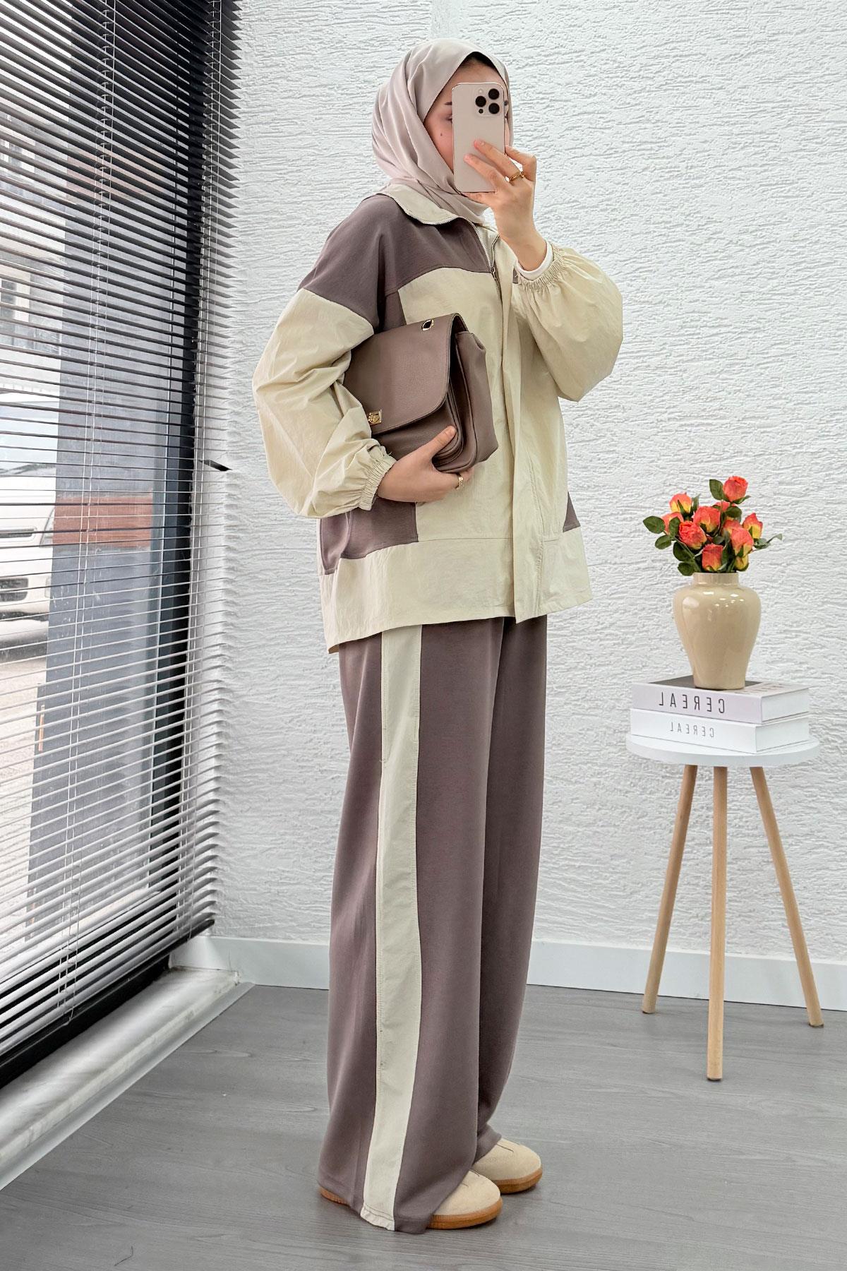 Fermuarlı Paraşüt Garnili İkili Eşofman Takım - Vizon