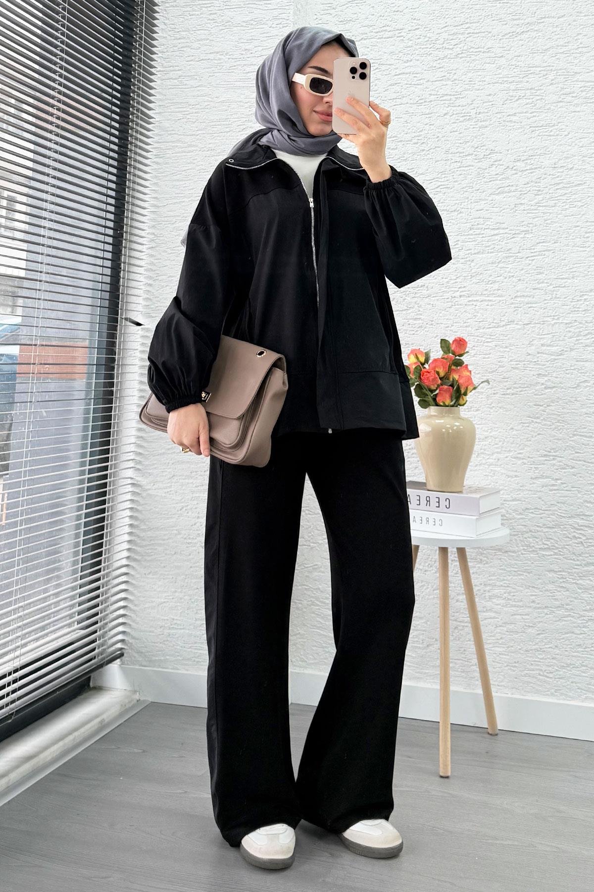 Fermuarlı Paraşüt Garnili İkili Eşofman Takım - Siyah