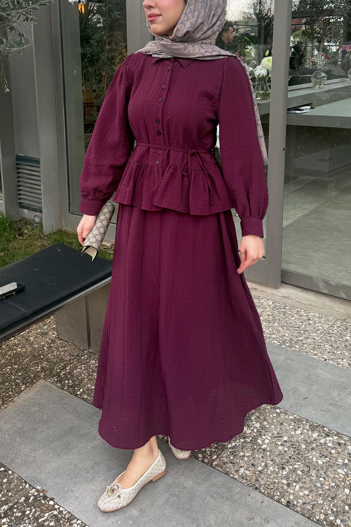 Fırfır Detaylı Gömlekli Gofre Etekli İkili Takım - Bordo